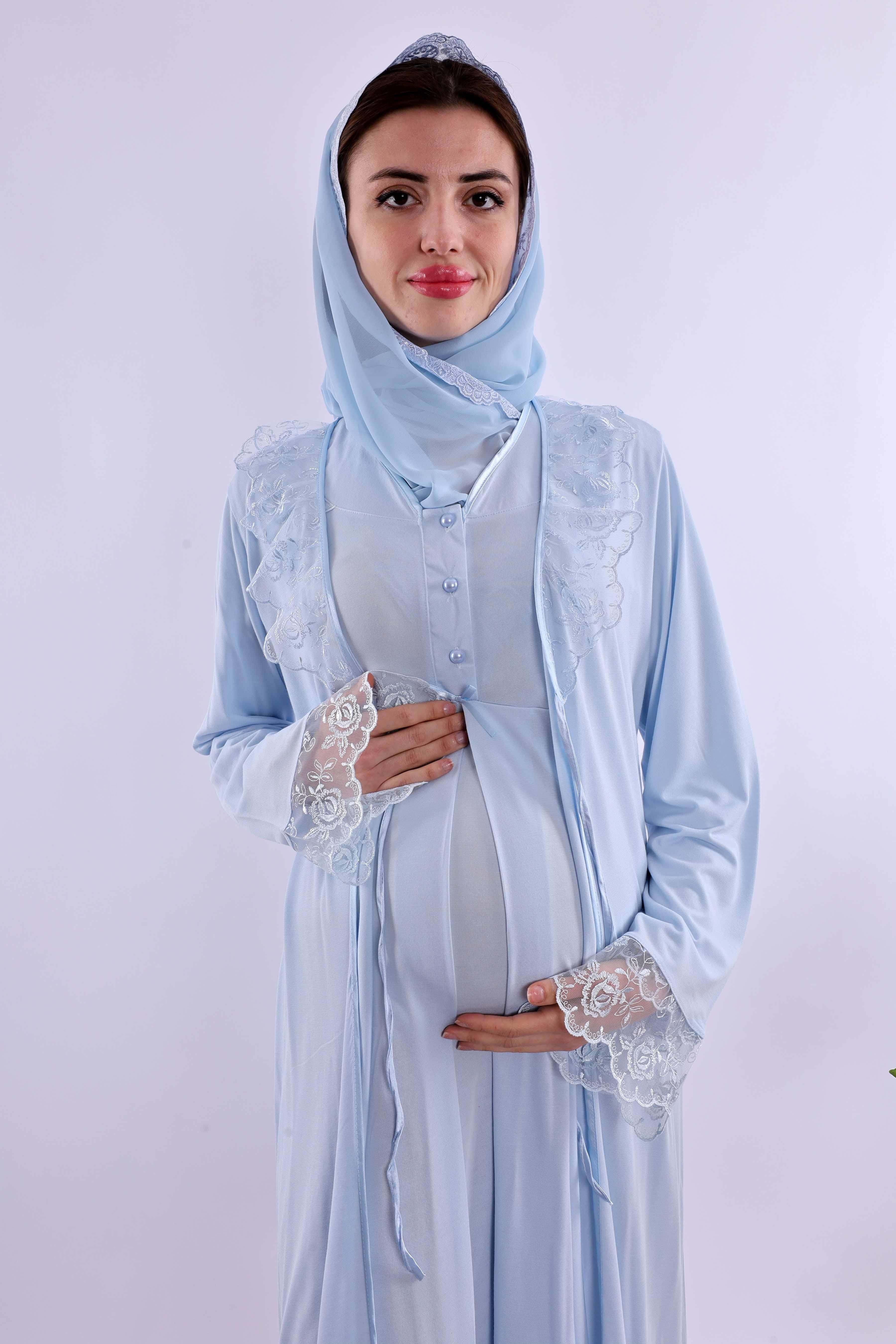 Effortt Mavi Tesettürlü Sabahlıklı Hamile Lohusa Gecelik Takım BYL2T24252