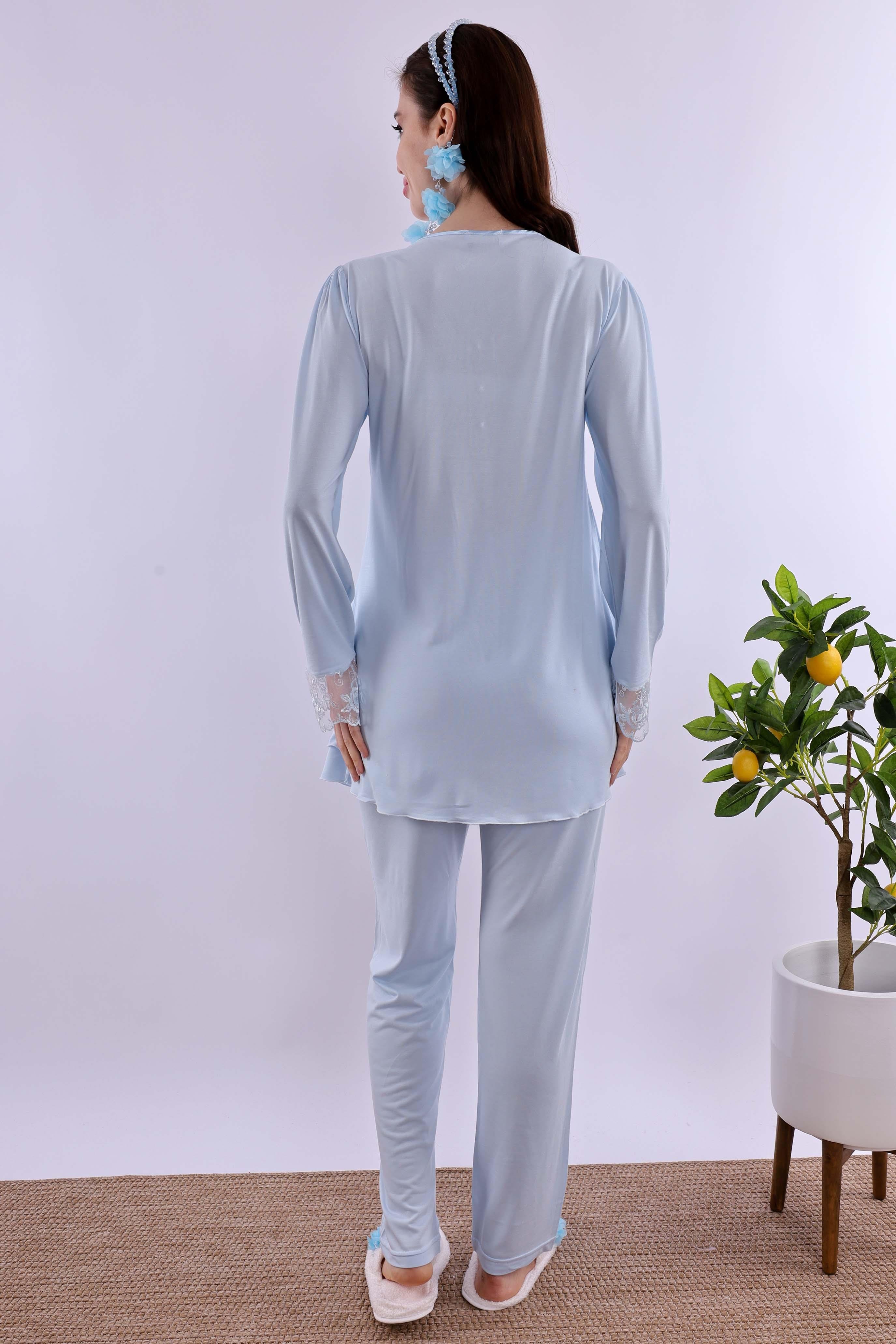 Effortt Mavi Tesettürlü Sabahlıklı Hamile Lohusa Pijama Takımı BYL2T24242