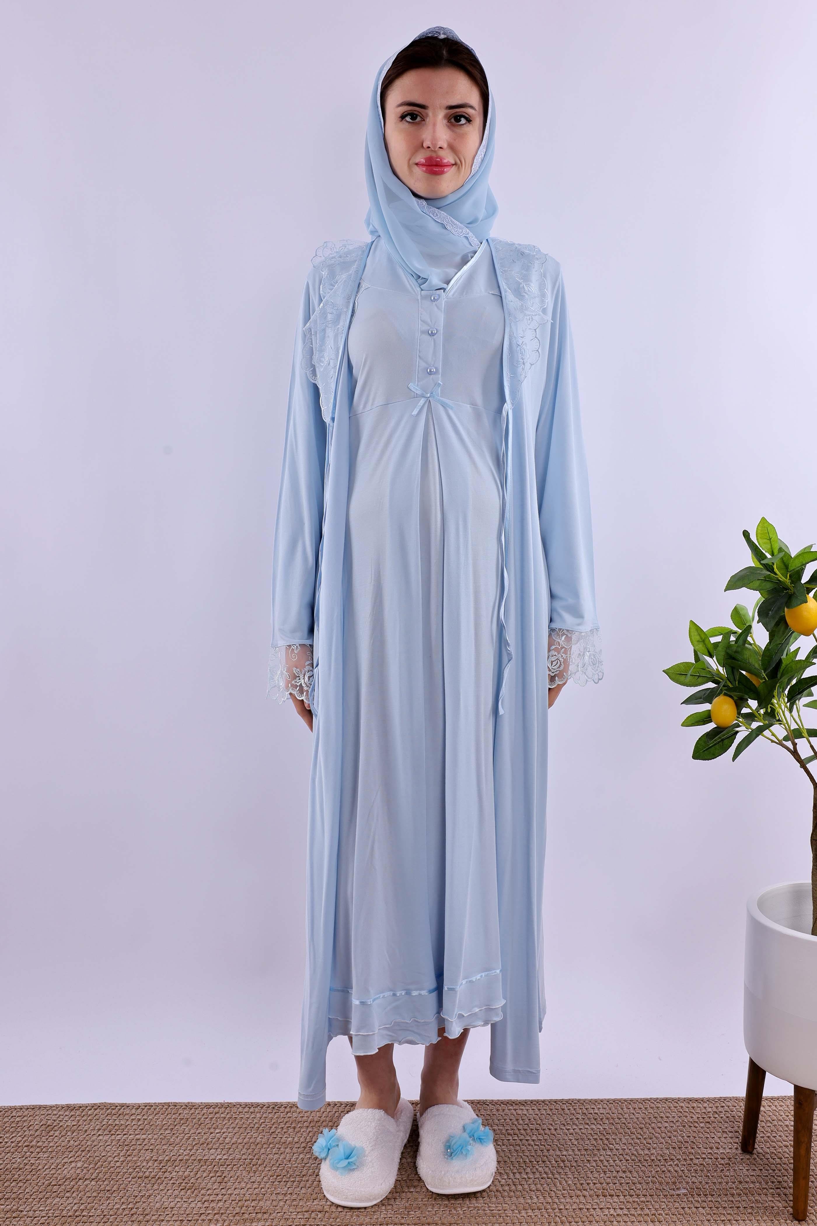 Effortt Mavi Tesettürlü Sabahlıklı Hamile Lohusa Gecelik Takım BYL2T80252