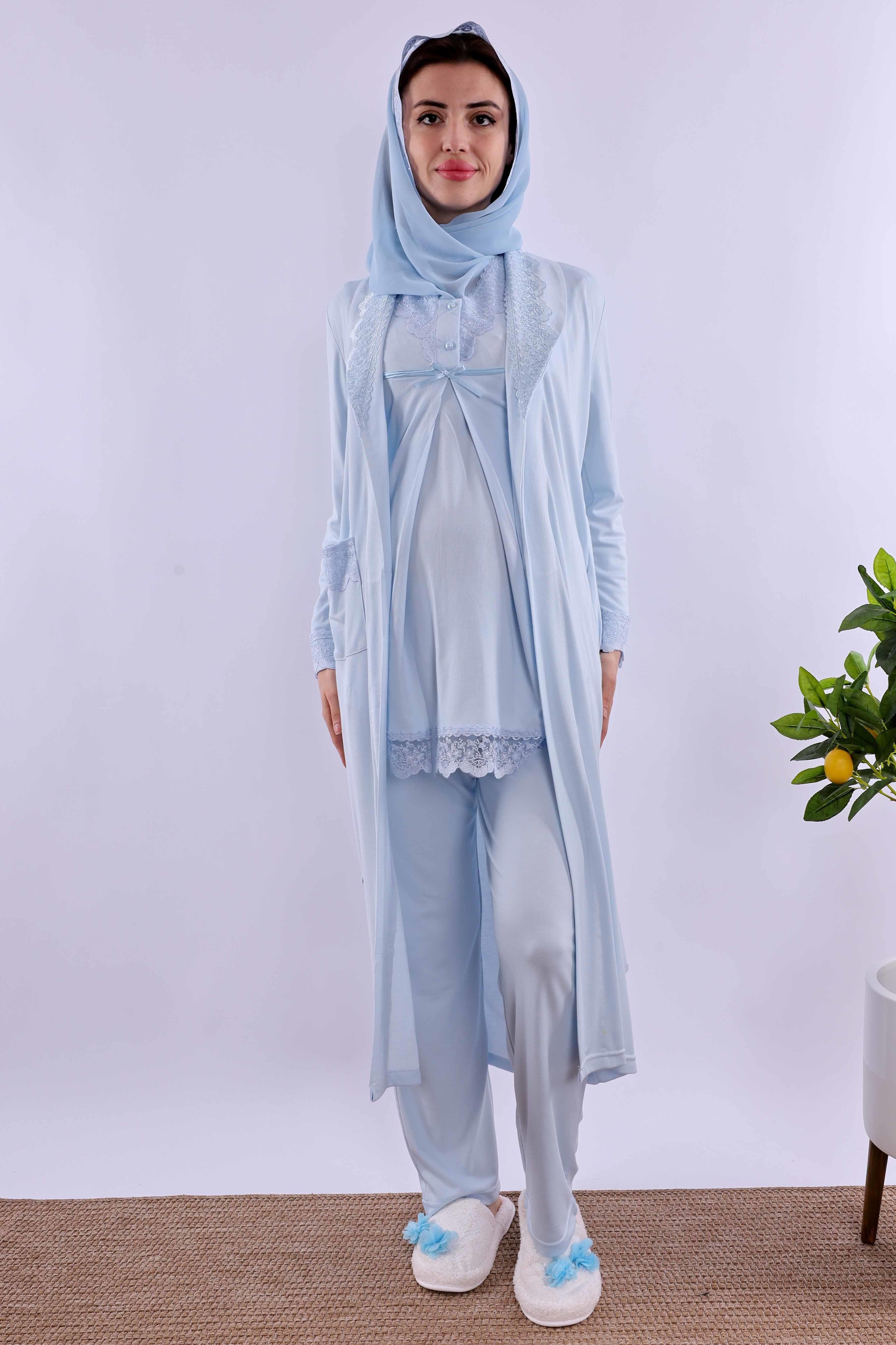 Effortt Mavi Tesettürlü Sabahlıklı Hamile Lohusa Pijama Takımı BYL2T40342