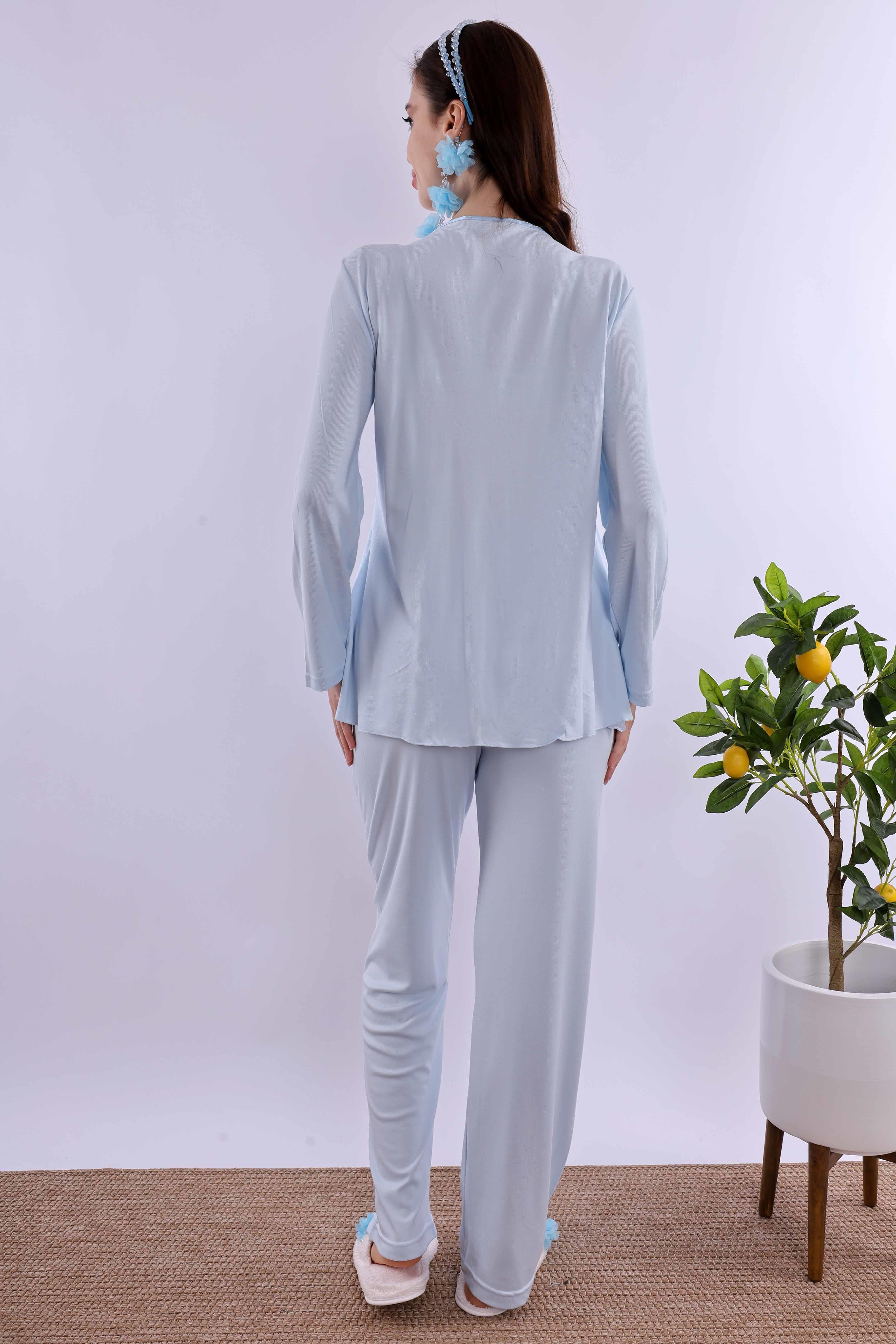 Effortt Mavi Tesettürlü Sabahlıklı Hamile Lohusa Pijama Takımı BYL2T40342