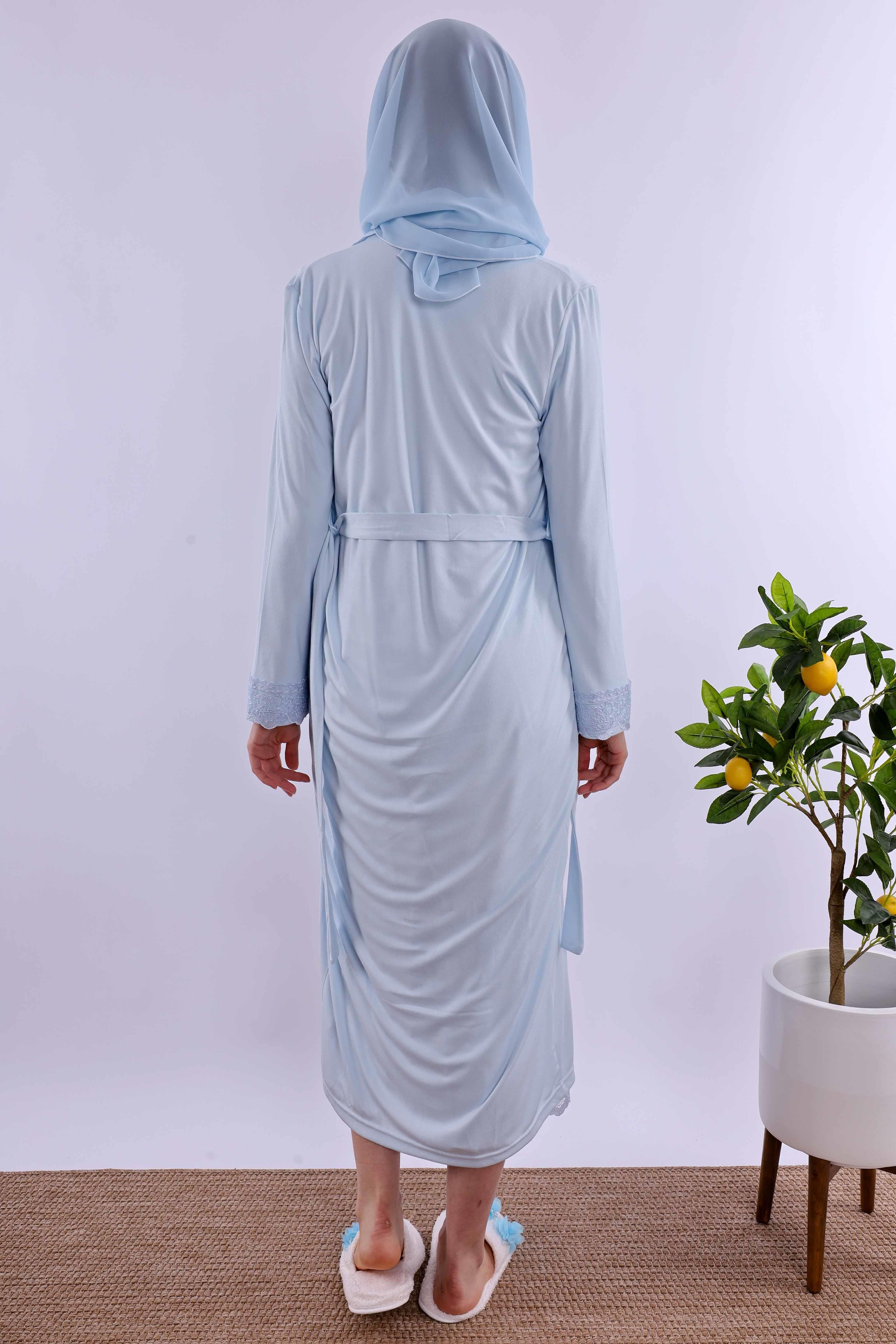 Effortt Mavi Tesettürlü Sabahlıklı Hamile Lohusa Gecelik Takım BYL2T40352