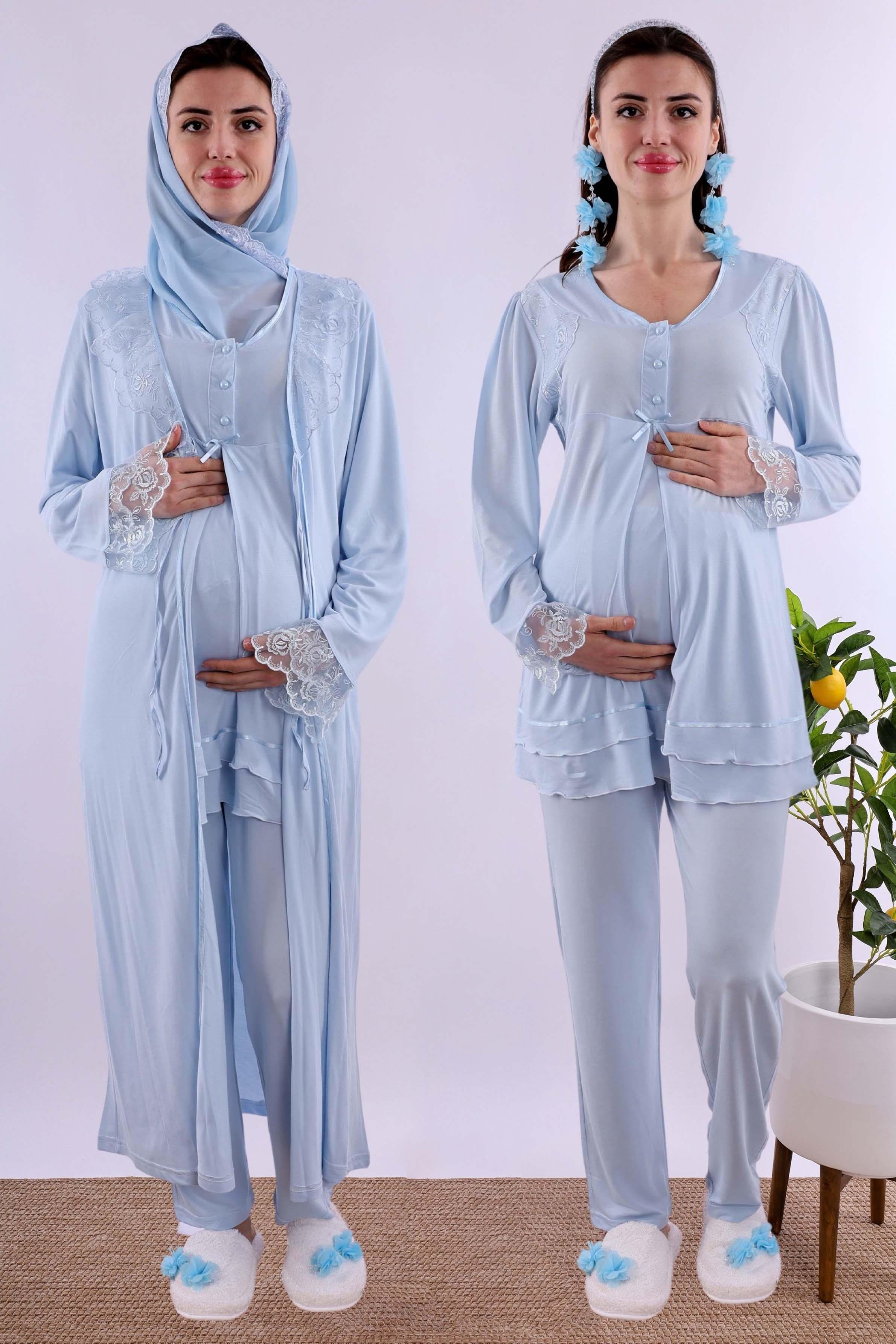 Effortt Mavi Tesettürlü Sabahlıklı Hamile Lohusa Pijama Takımı BYL2T24242