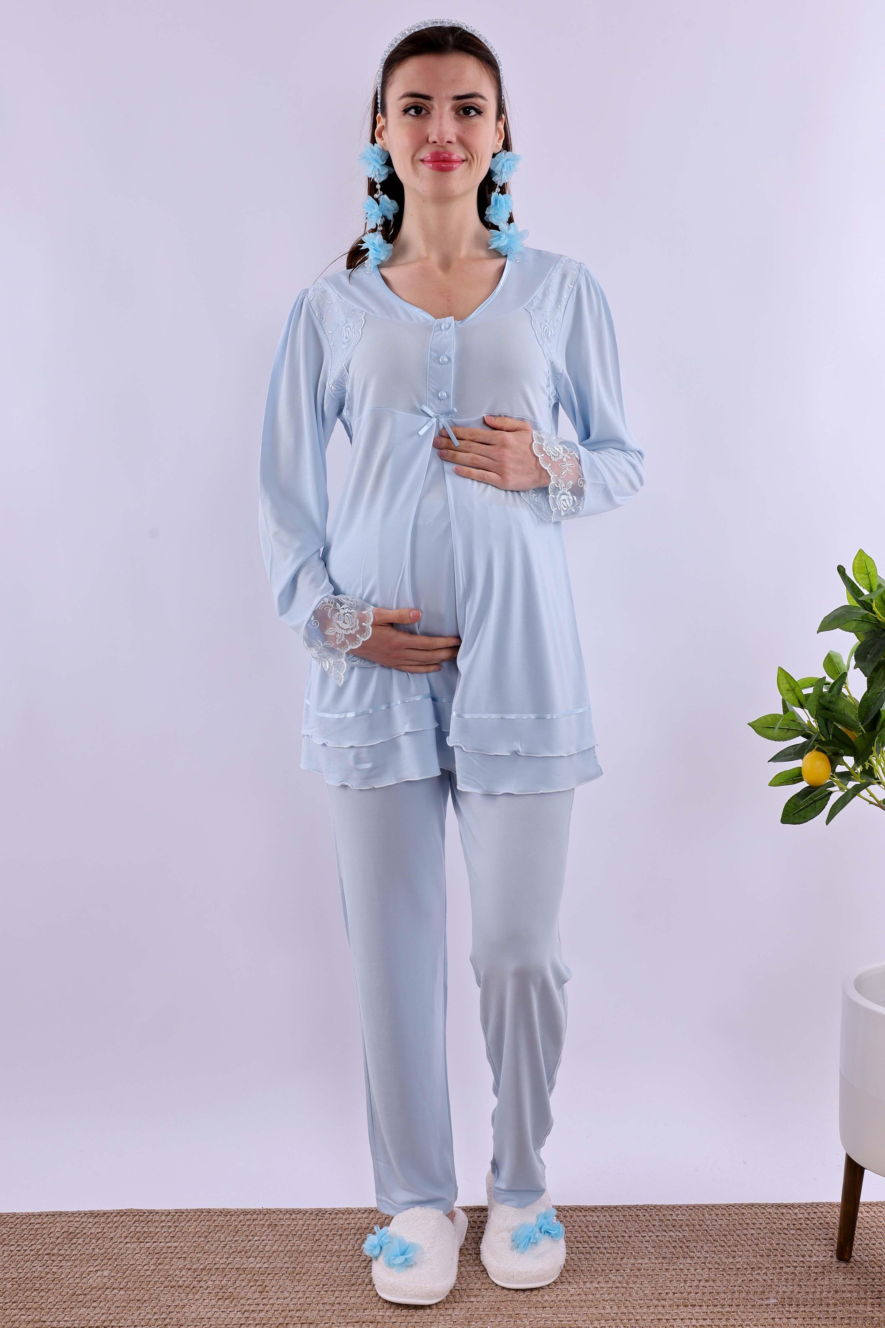 Effortt Mavi Tesettürlü Sabahlıklı Hamile Lohusa Pijama Takımı BYL2T24242