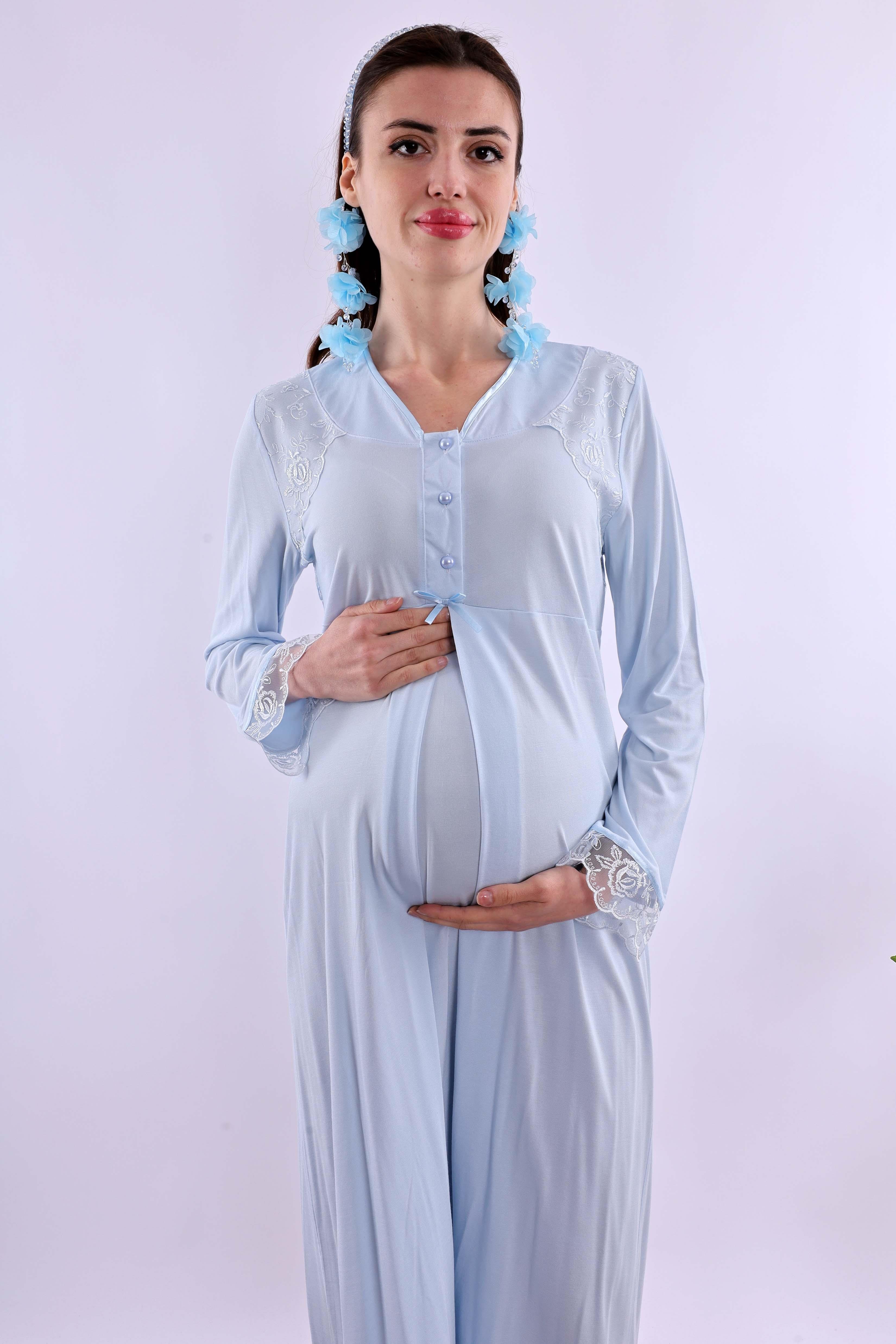 Effortt Mavi Tesettürlü Sabahlıklı Hamile Lohusa Gecelik Takım BYL2T24252