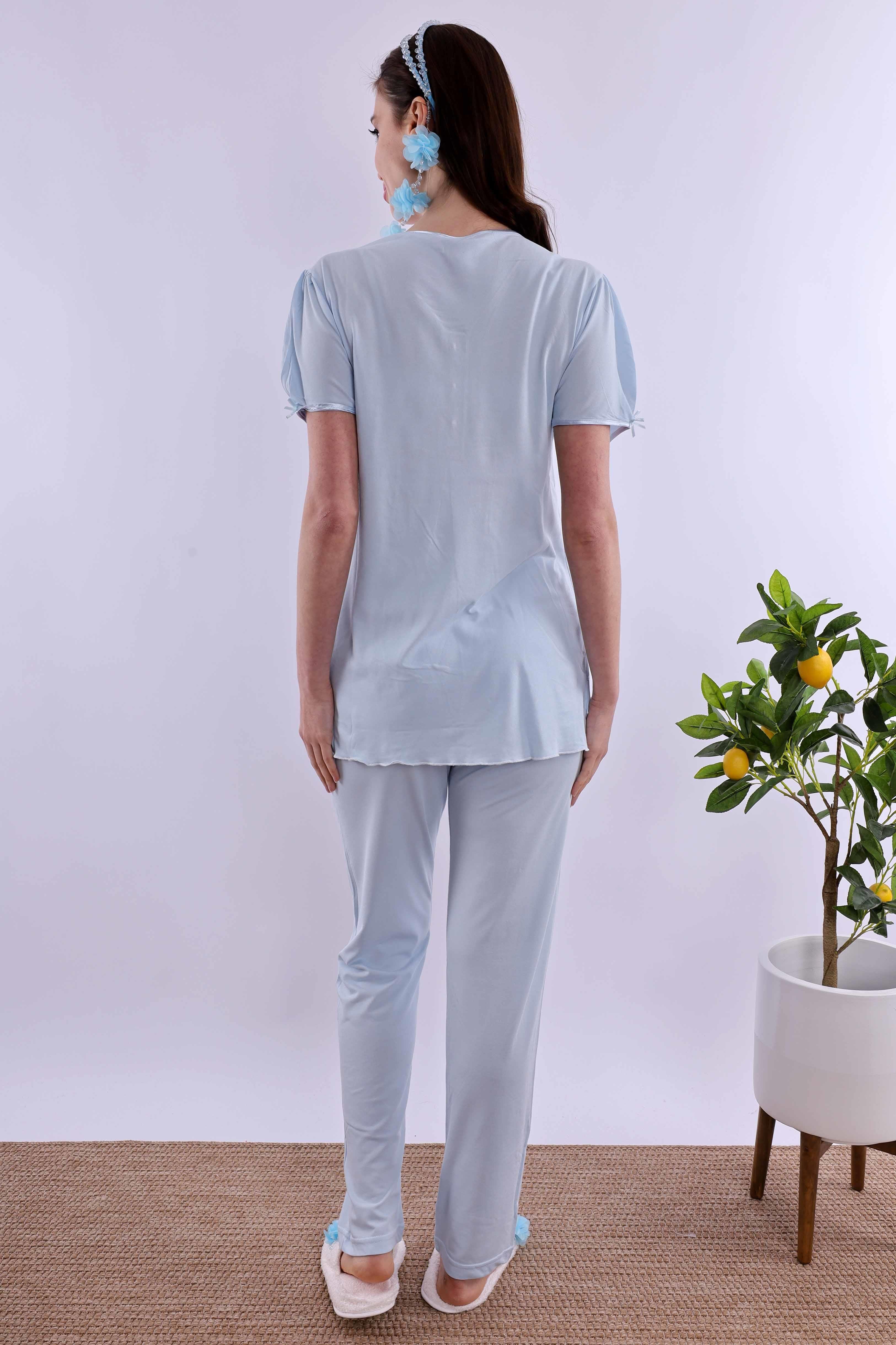 Effortt Mavi Tesettürlü Sabahlıklı Hamile Lohusa Pijama Takımı BYL2T80242