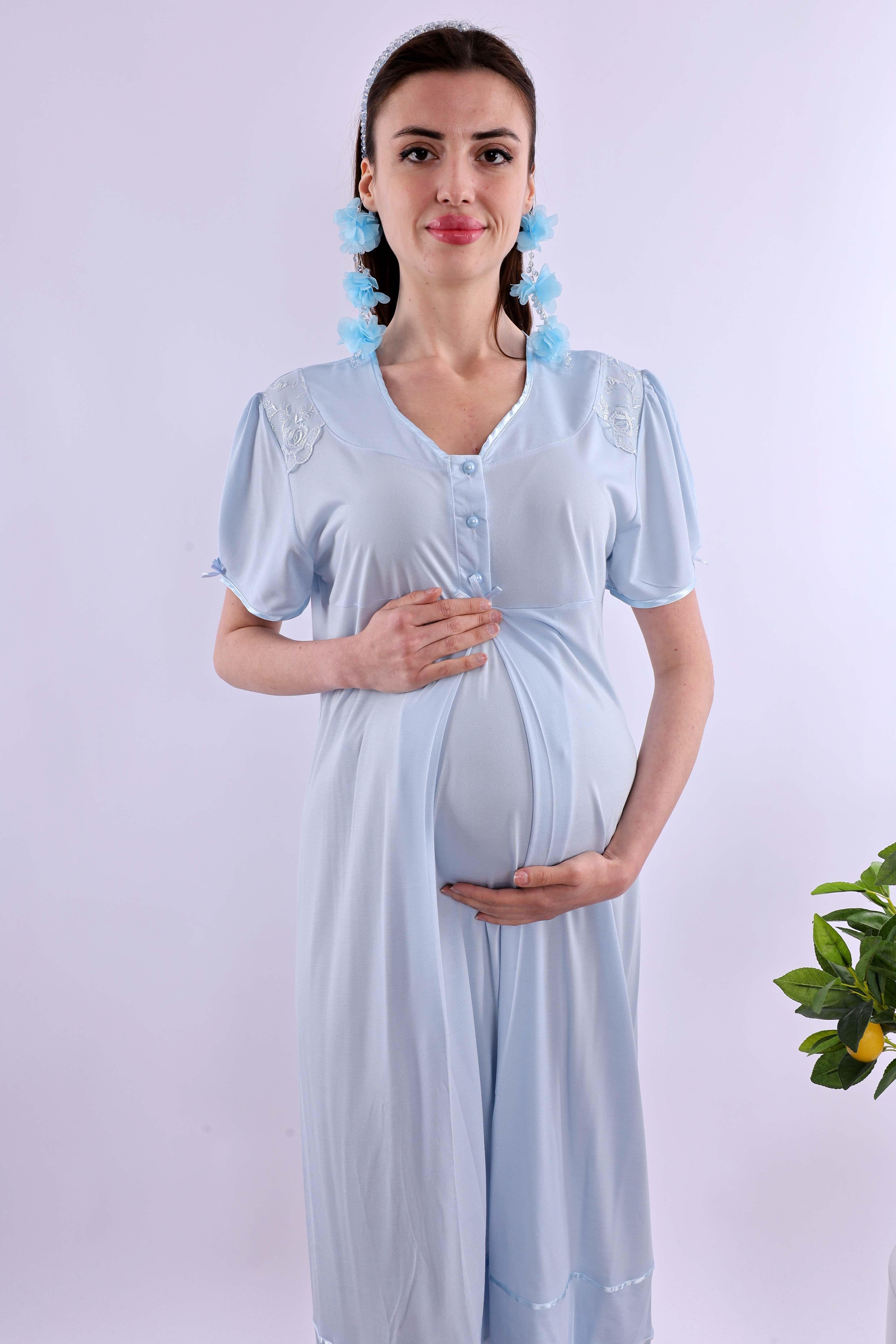 Effortt Mavi Tesettürlü Sabahlıklı Hamile Lohusa Gecelik Takım BYL2T80252