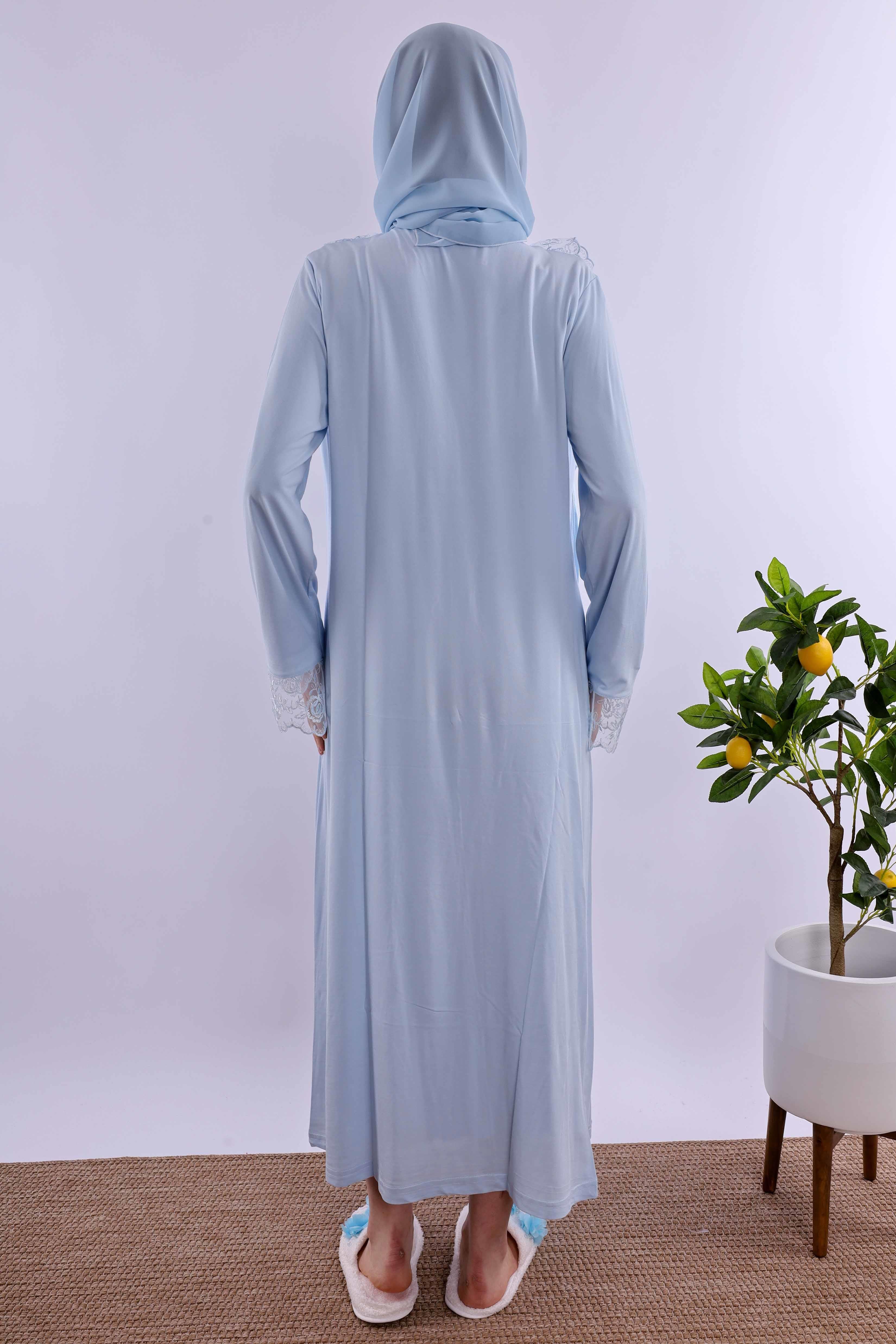 Effortt Mavi Tesettürlü Sabahlıklı Hamile Lohusa Gecelik Takım BYL2T80252