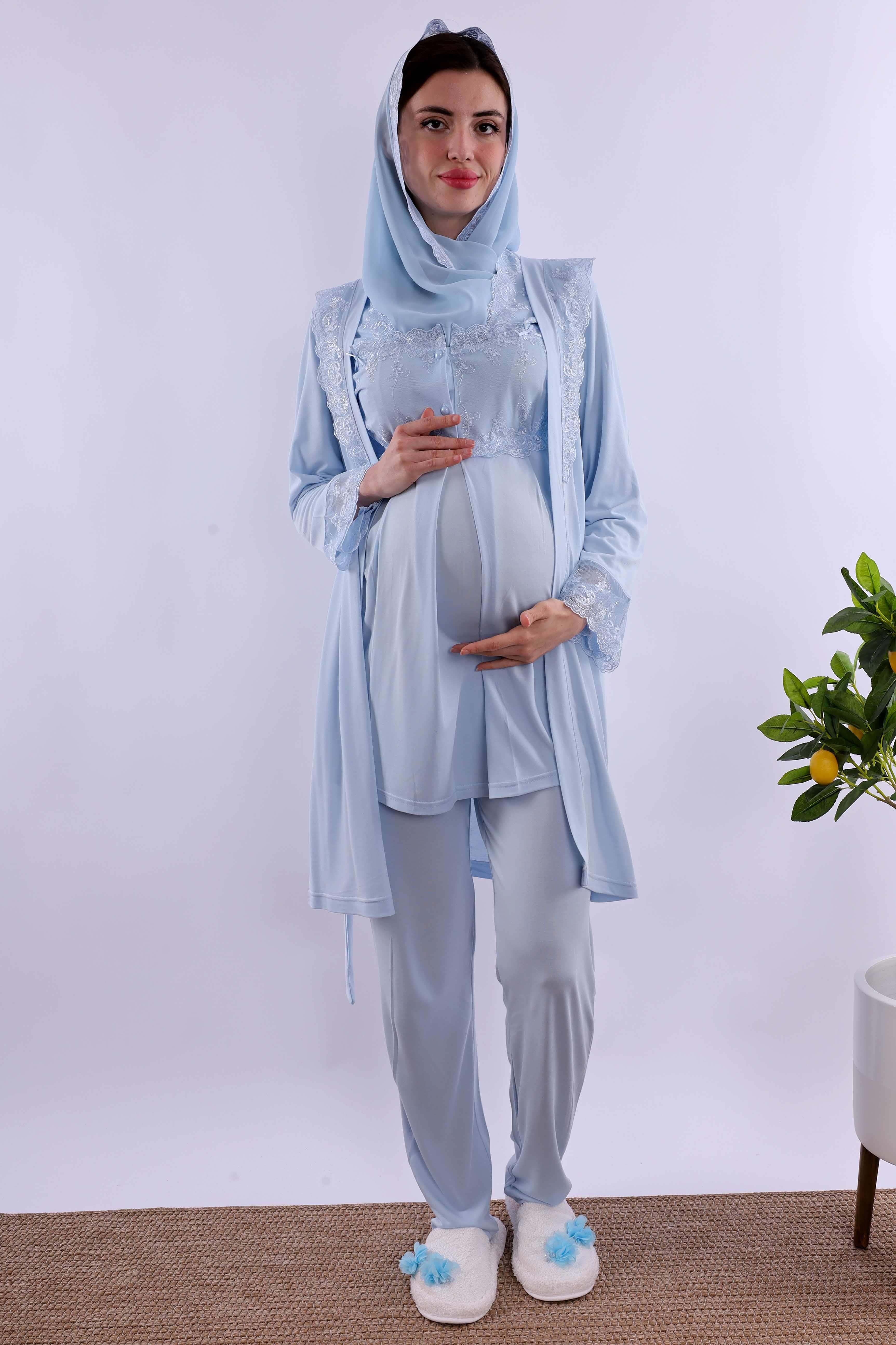 Effortt Mavi Tesettürlü Sabahlıklı Hamile Lohusa Pijama Takımı BYL2T24012