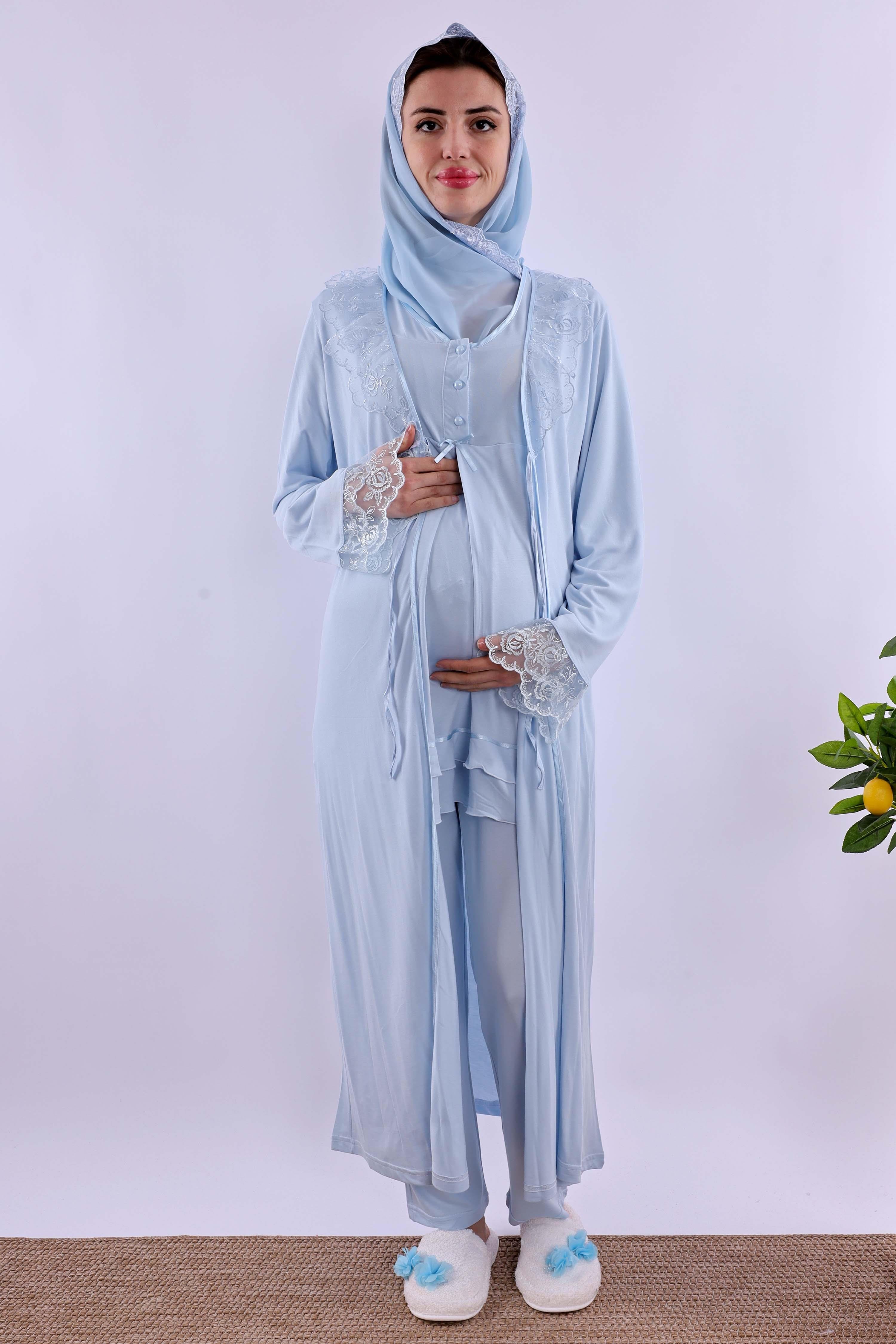Effortt Mavi Tesettürlü Sabahlıklı Hamile Lohusa Pijama Takımı BYL2T80242