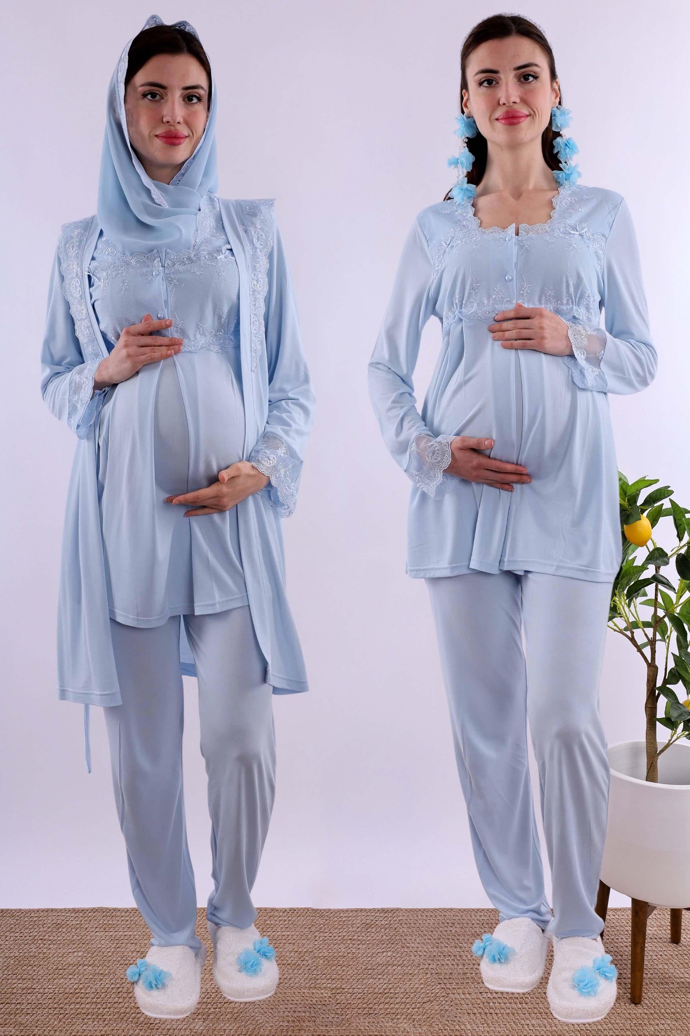 Effortt Mavi Tesettürlü Sabahlıklı Hamile Lohusa Pijama Takımı BYL2T24012