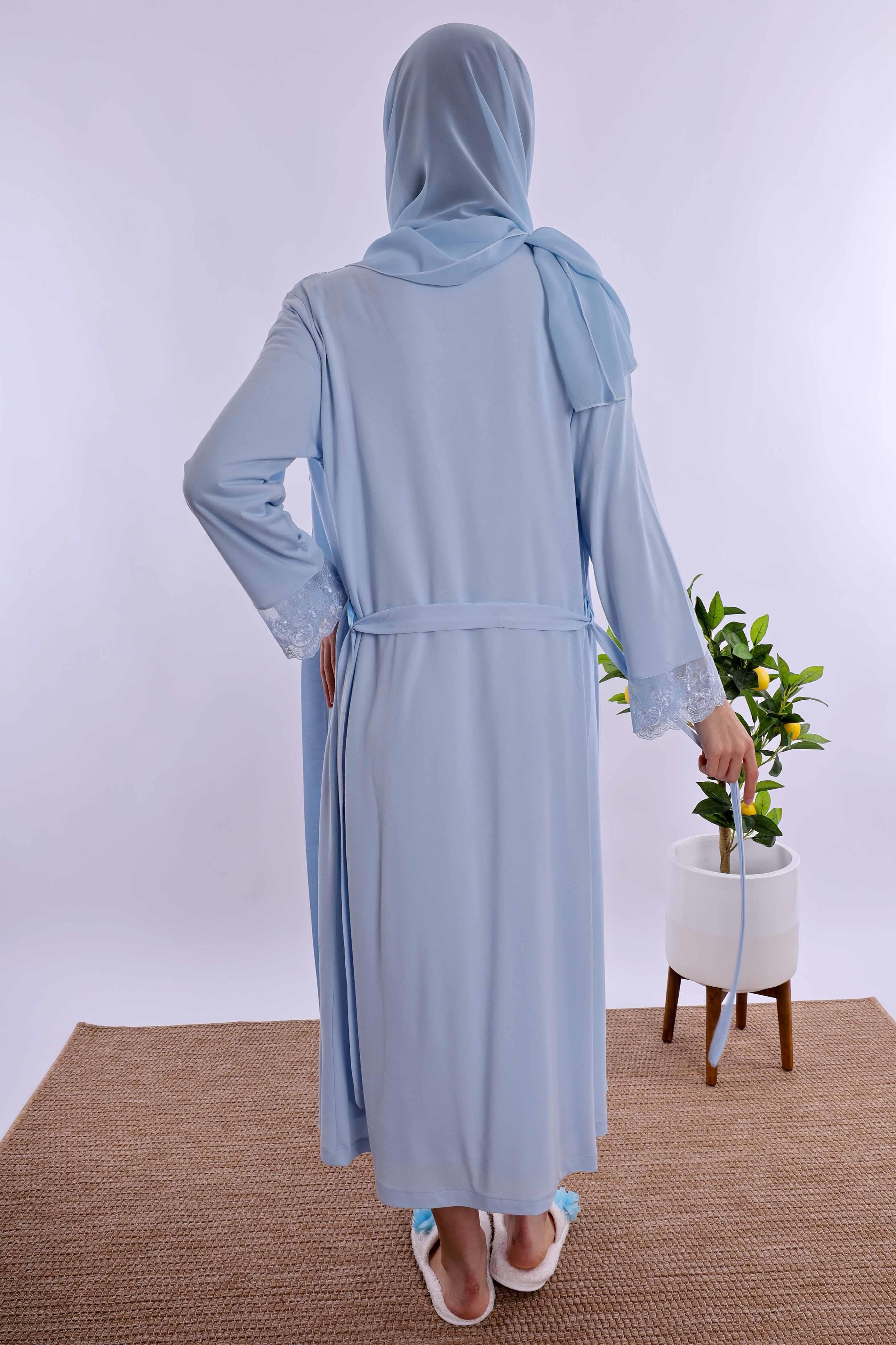 Effortt Mavi Tesettürlü Sabahlıklı Hamile Lohusa Gecelik Takım BYL2T24022