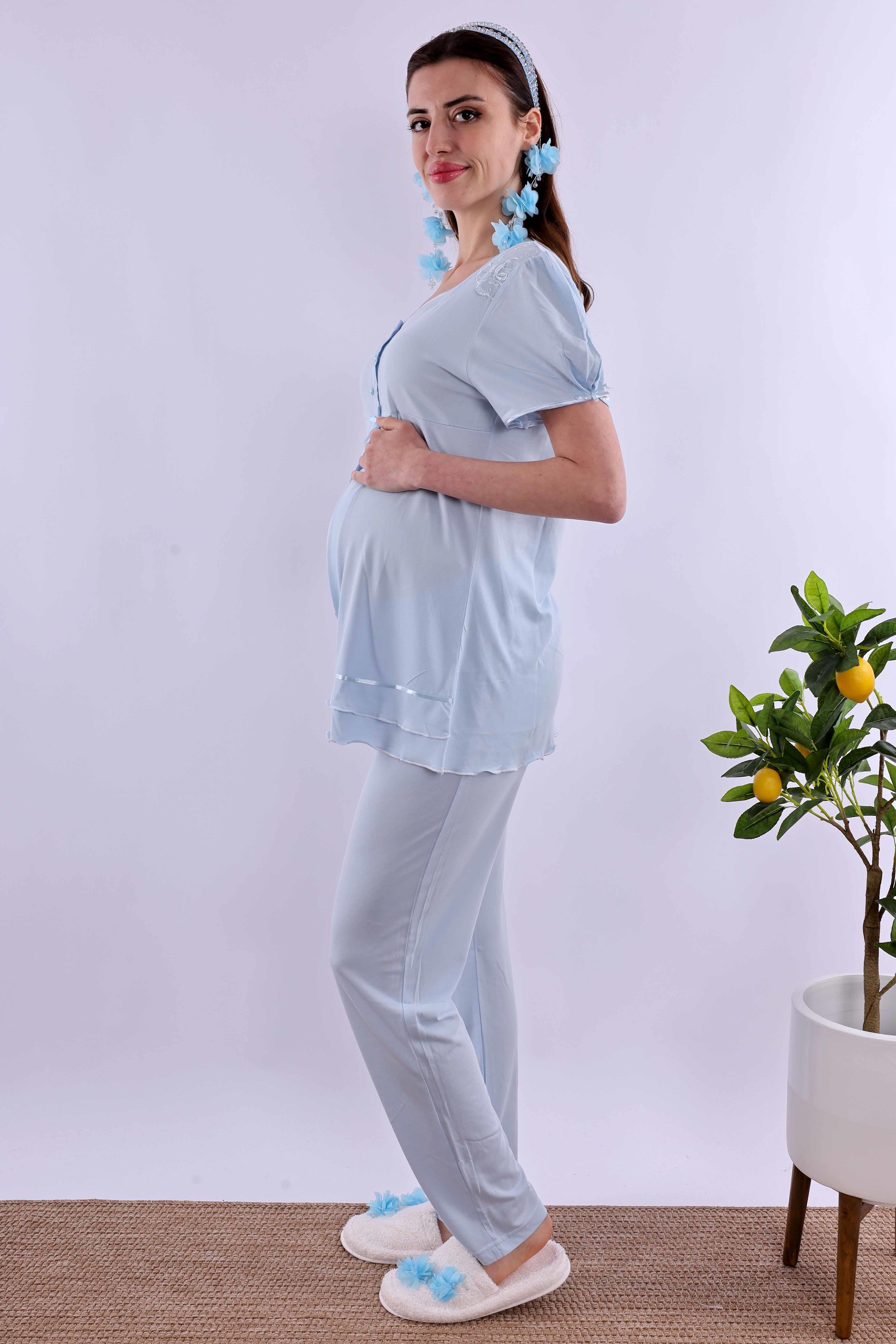 Effortt Mavi Tesettürlü Sabahlıklı Hamile Lohusa Pijama Takımı BYL2T80242