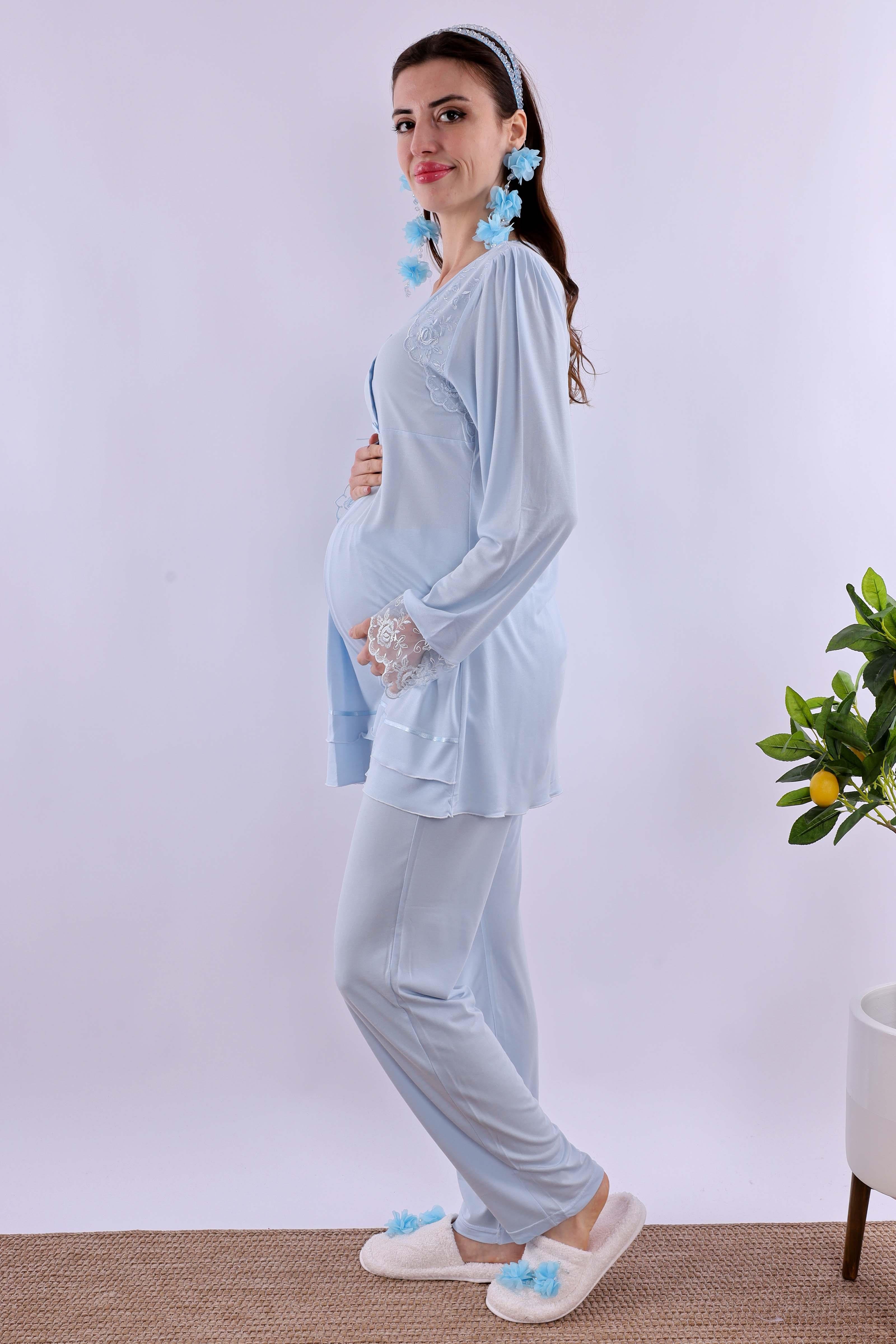 Effortt Mavi Tesettürlü Sabahlıklı Hamile Lohusa Pijama Takımı BYL2T24242