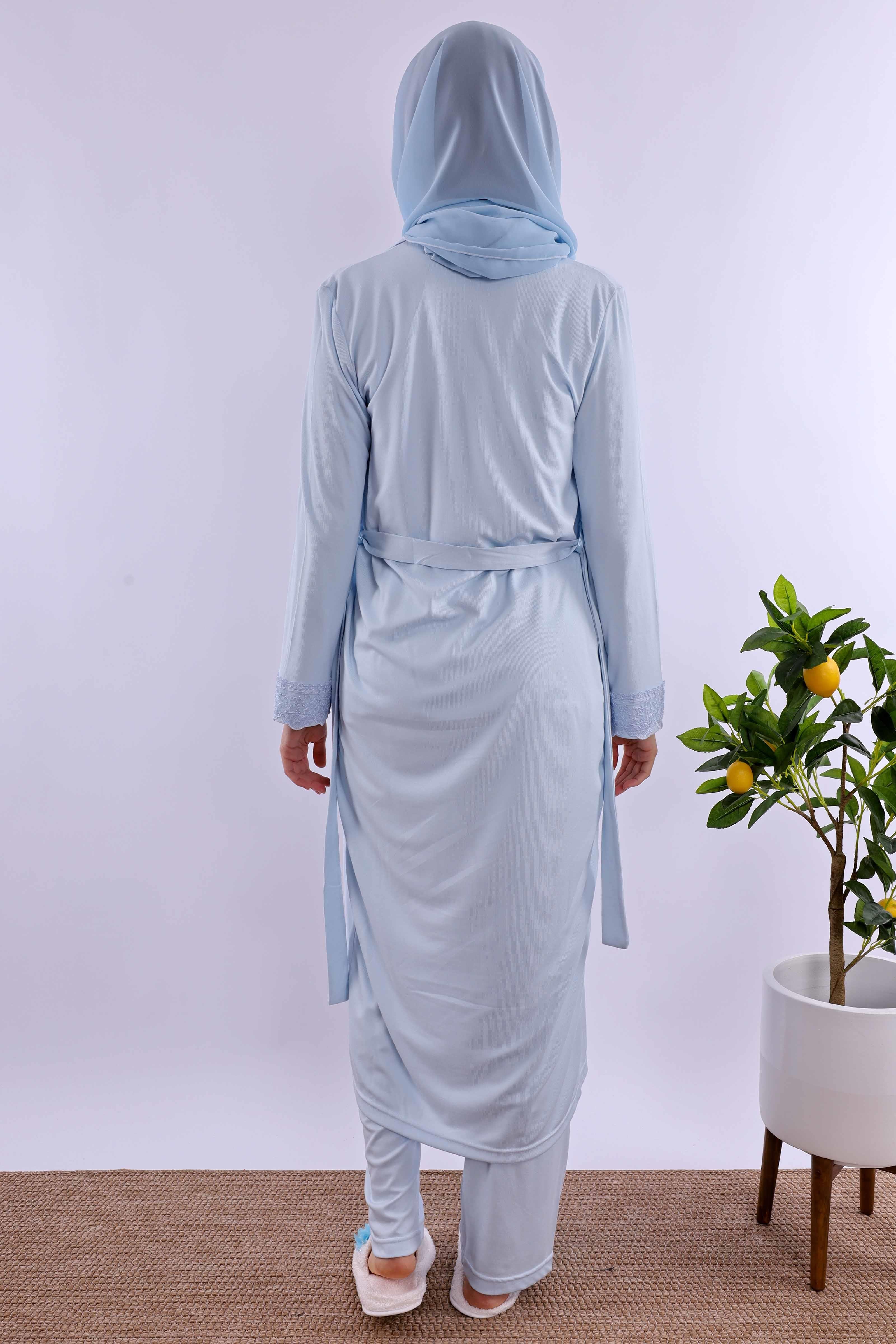 Effortt Mavi Tesettürlü Sabahlıklı Hamile Lohusa Pijama Takımı BYL2T40342