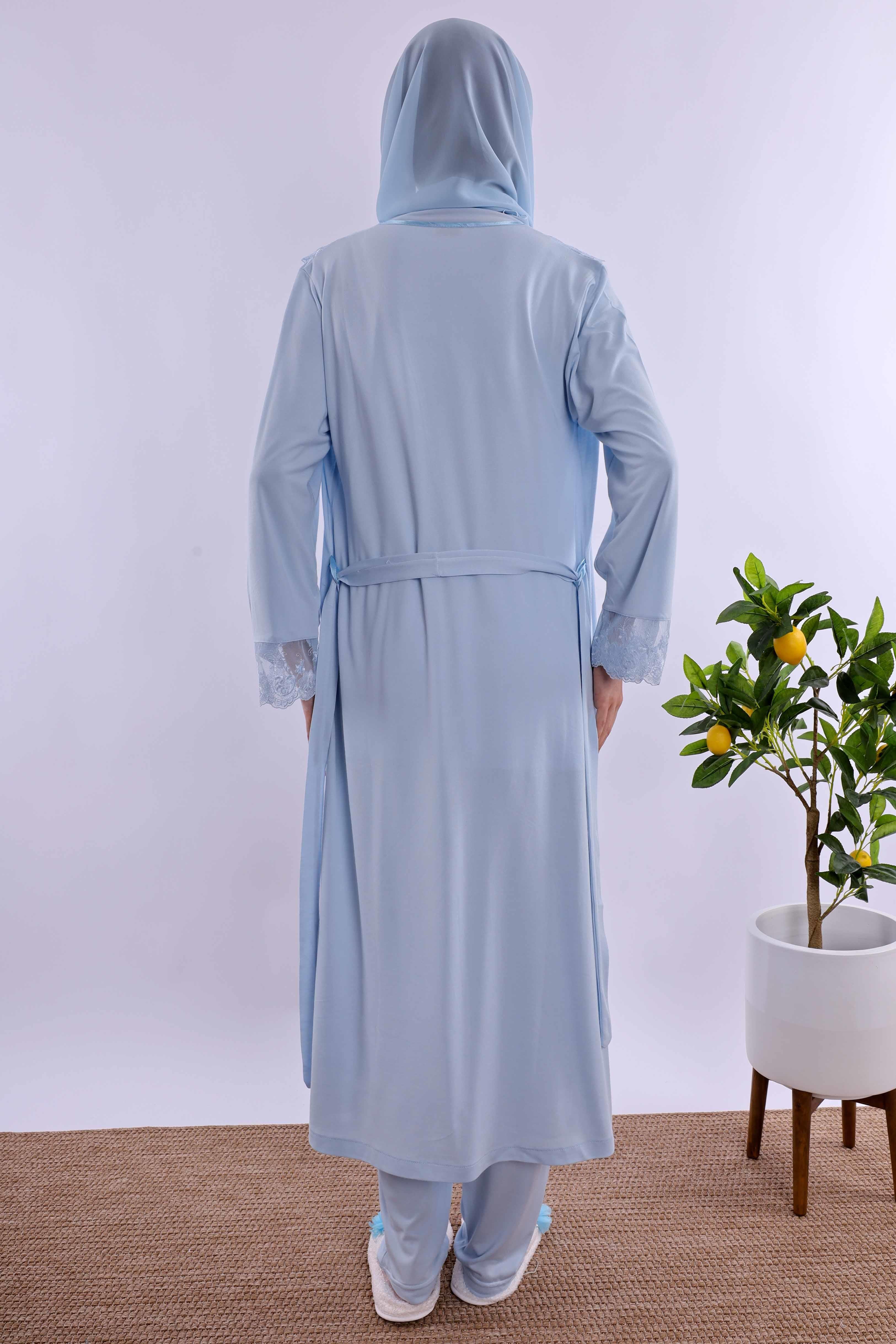 Effortt Mavi Tesettürlü Uzun Sabahlıklı Hamile Lohusa Pijama Takımı BYL2T24072