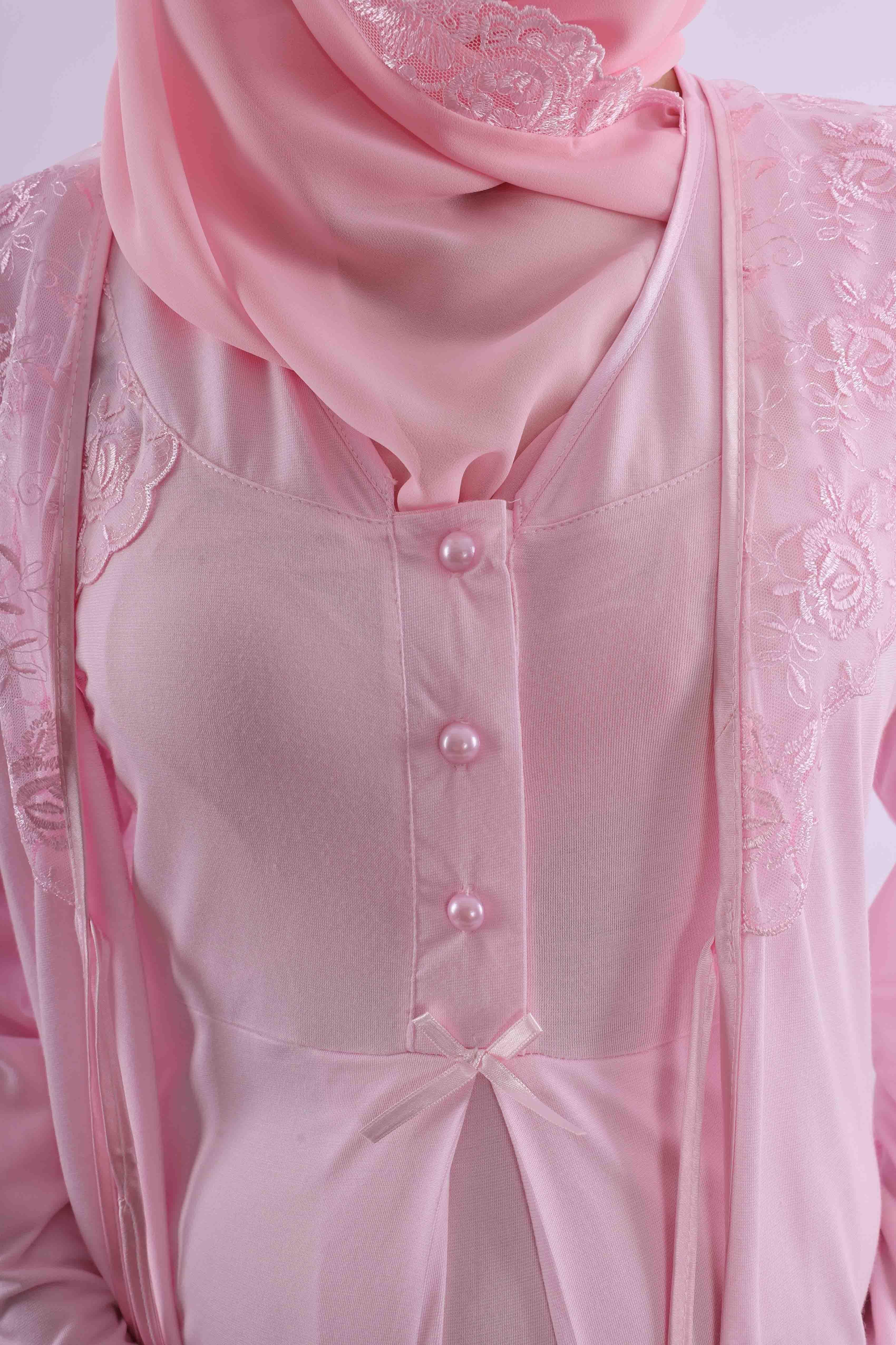 Effortt Pembe Tesettürlü Sabahlıklı Hamile Lohusa Gecelik Takım BYL2T80252