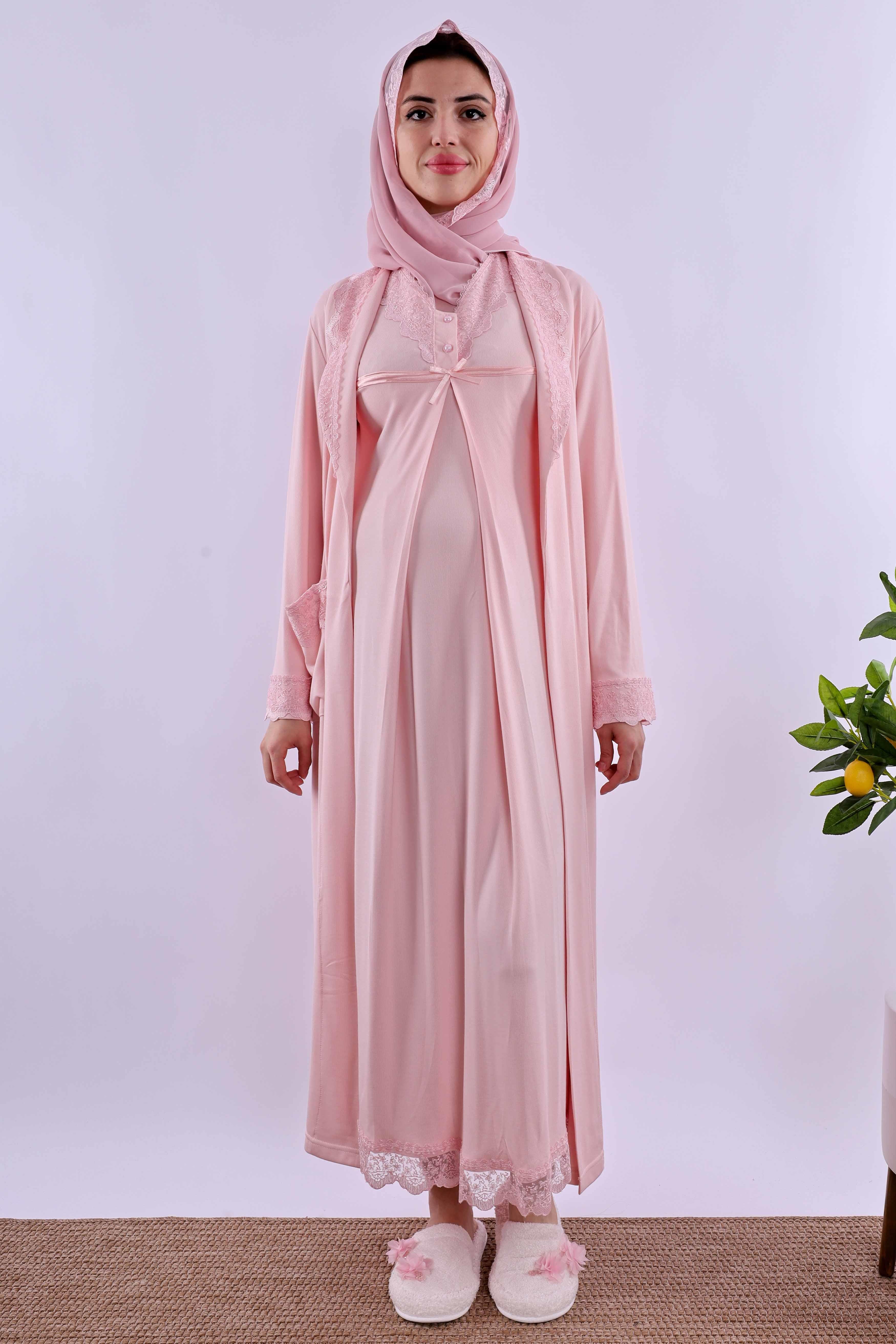 Effortt Pembe Tesettürlü Sabahlıklı Hamile Lohusa Gecelik Takım BYL2T40352