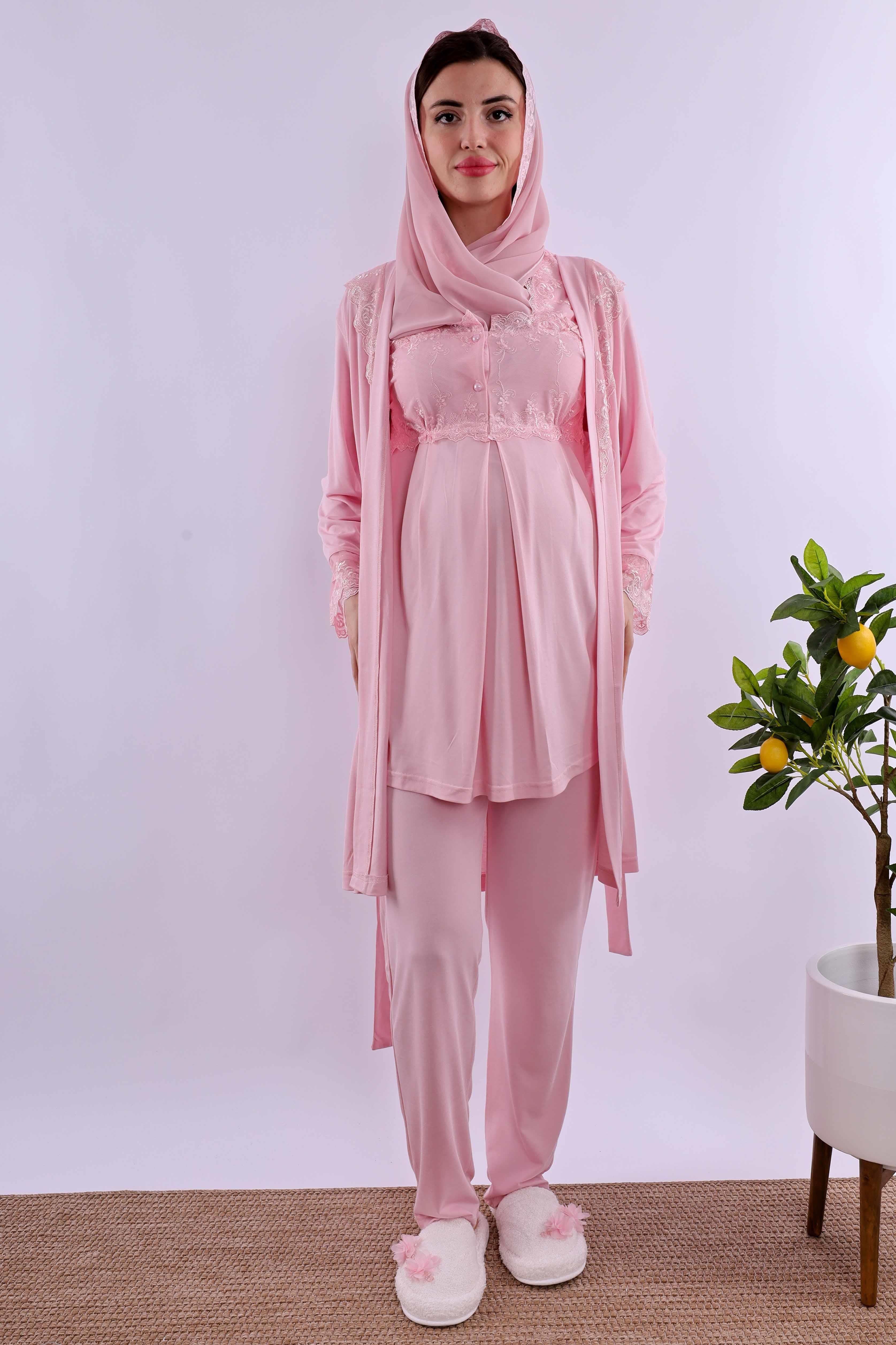 Effortt Pembe Tesettürlü Sabahlıklı Hamile Lohusa Pijama Takımı BYL2T24012