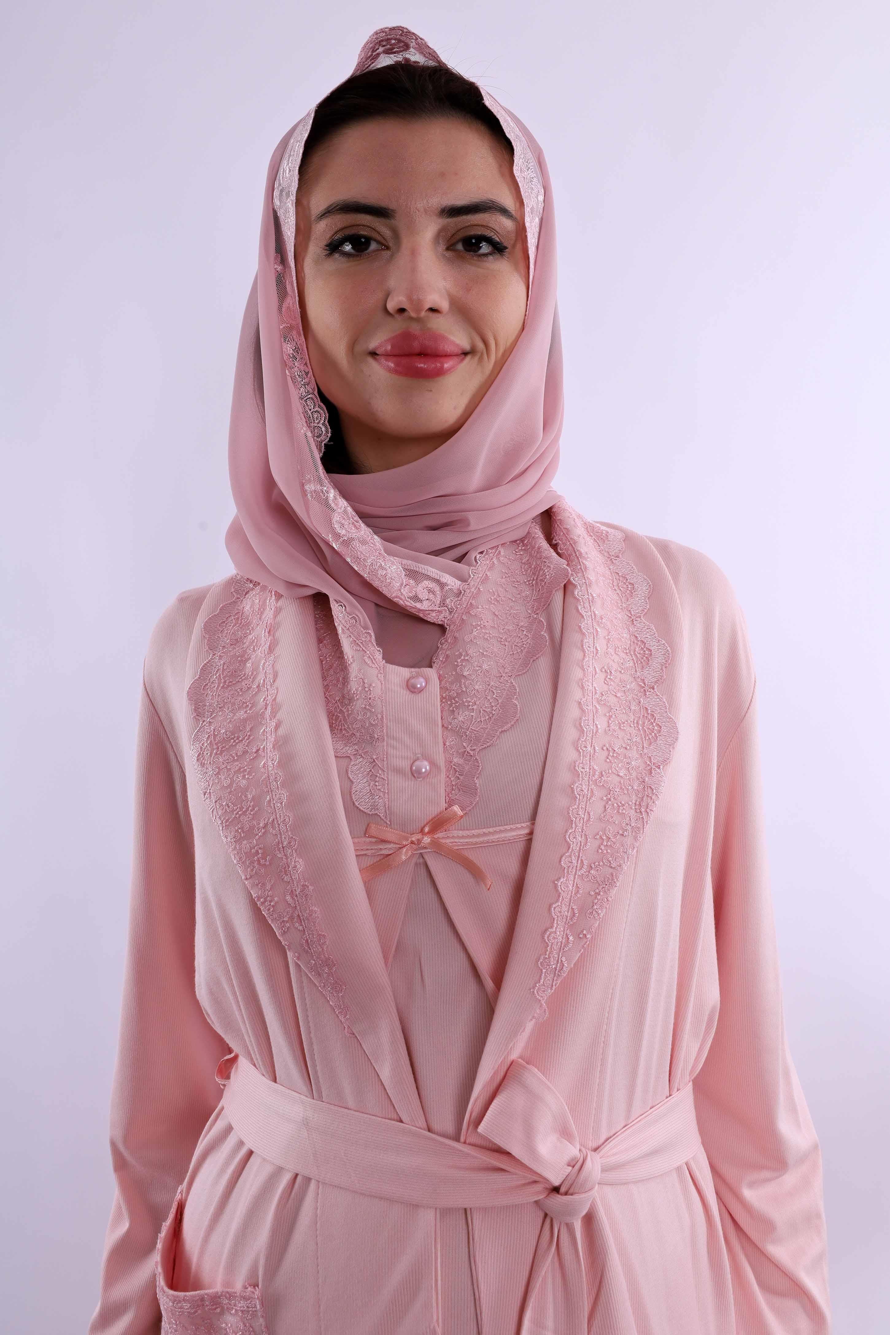 Effortt Pembe Tesettürlü Sabahlıklı Hamile Lohusa Pijama Takımı BYL2T40342