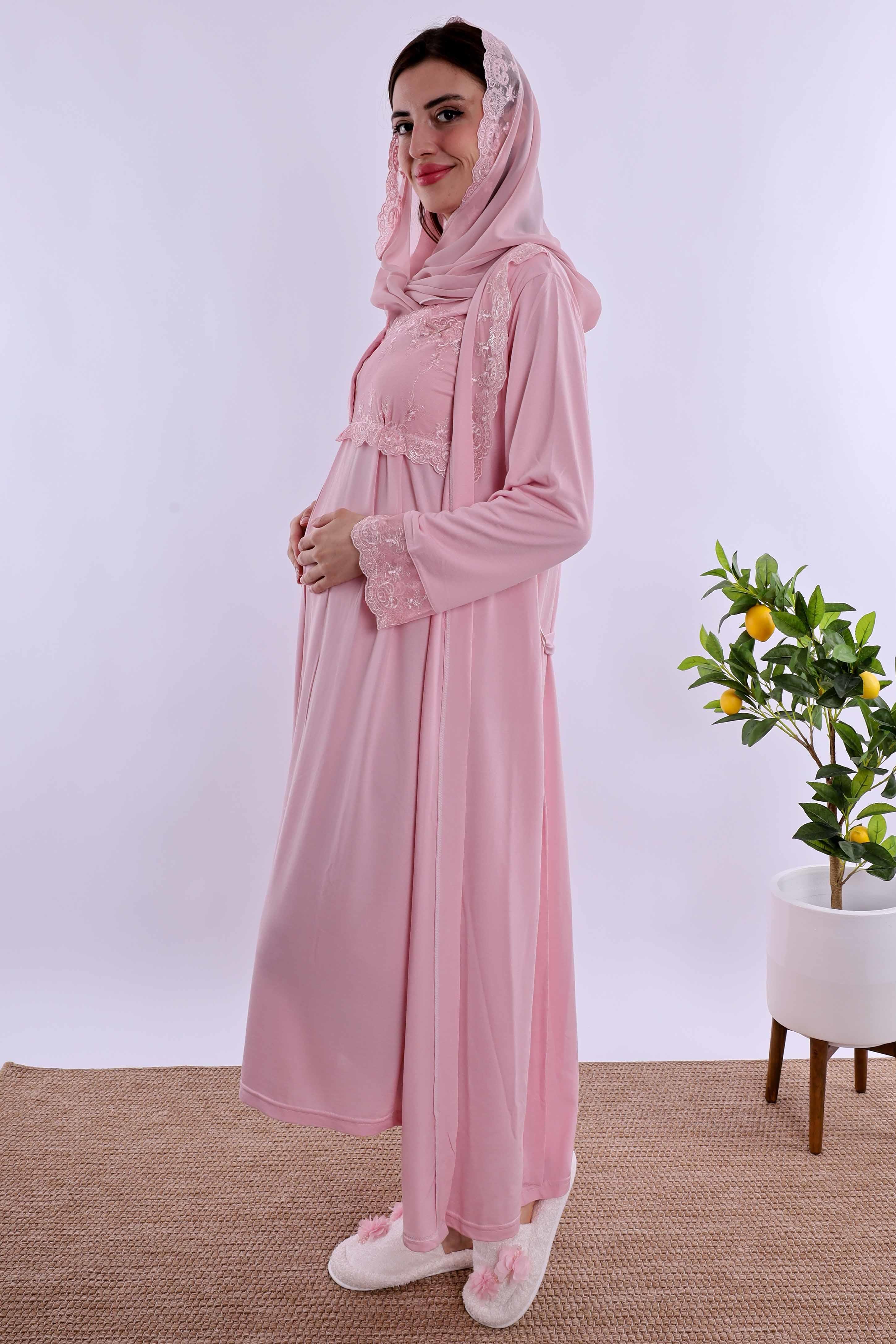Effortt Pembe Tesettürlü Sabahlıklı Hamile Lohusa Gecelik Takım BYL2T24022