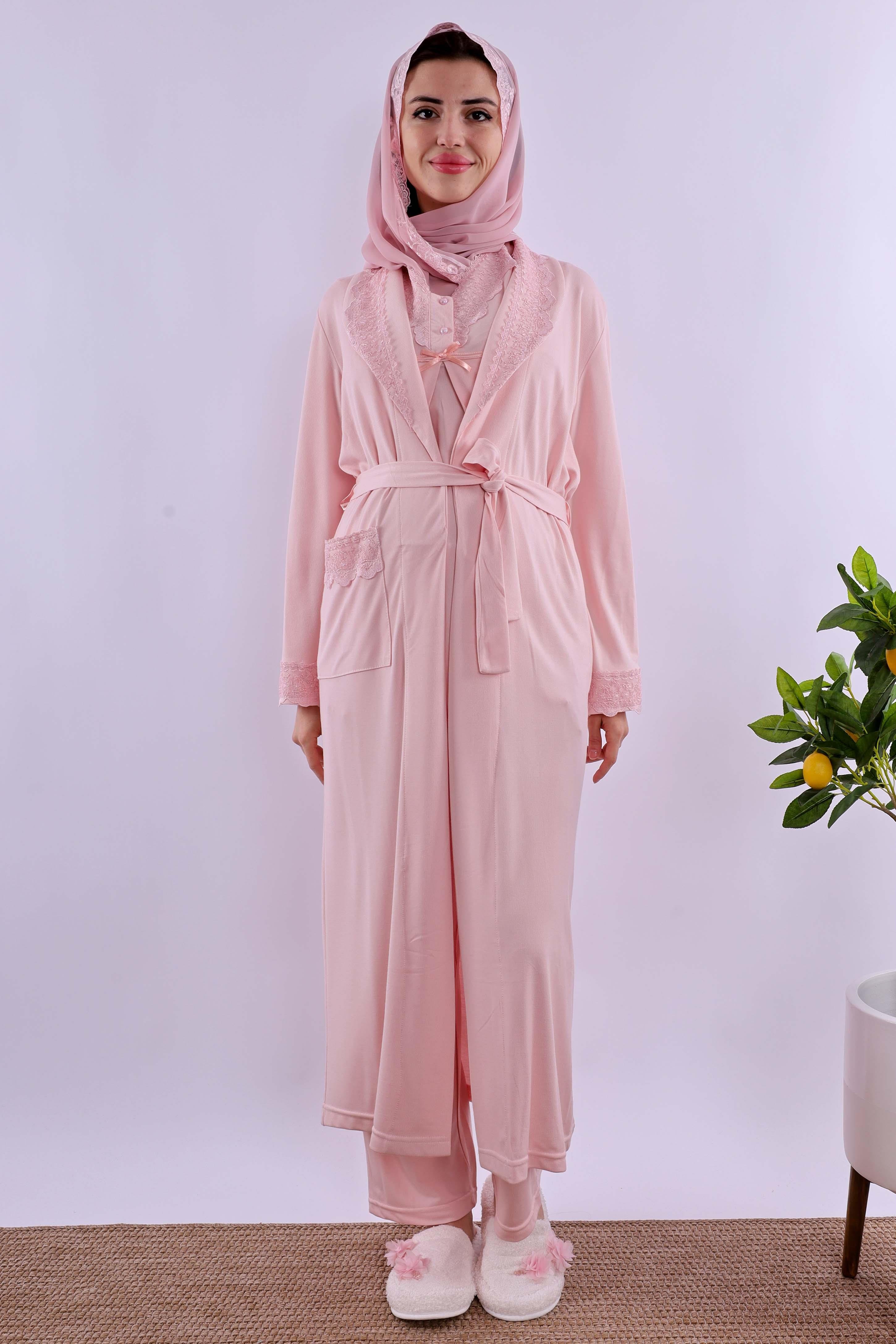 Effortt Pembe Tesettürlü Sabahlıklı Hamile Lohusa Pijama Takımı BYL2T40342