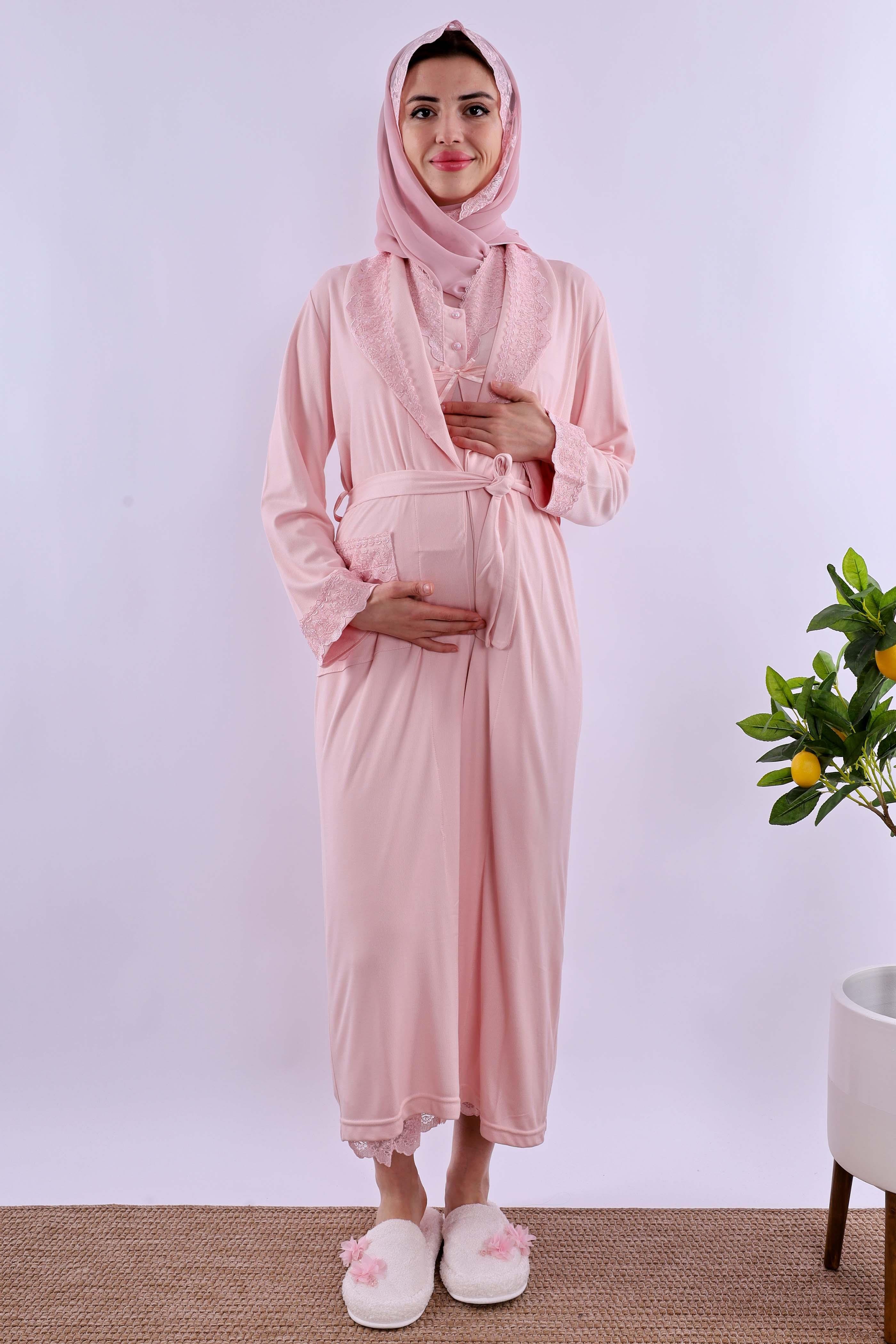 Effortt Pembe Tesettürlü Sabahlıklı Hamile Lohusa Gecelik Takım BYL2T40352