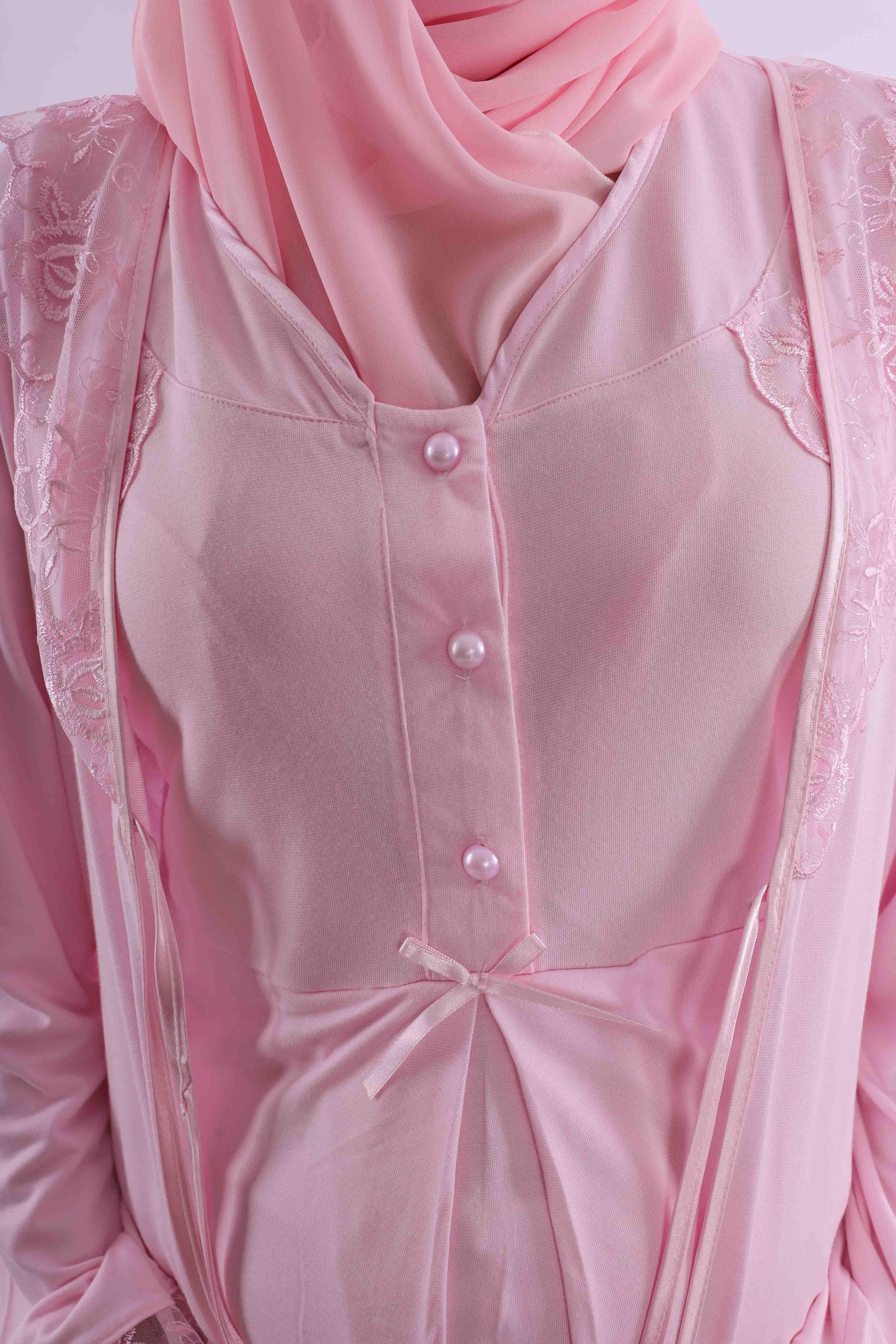 Effortt Pembe Tesettürlü Sabahlıklı Hamile Lohusa Pijama Takımı BYL2T80242