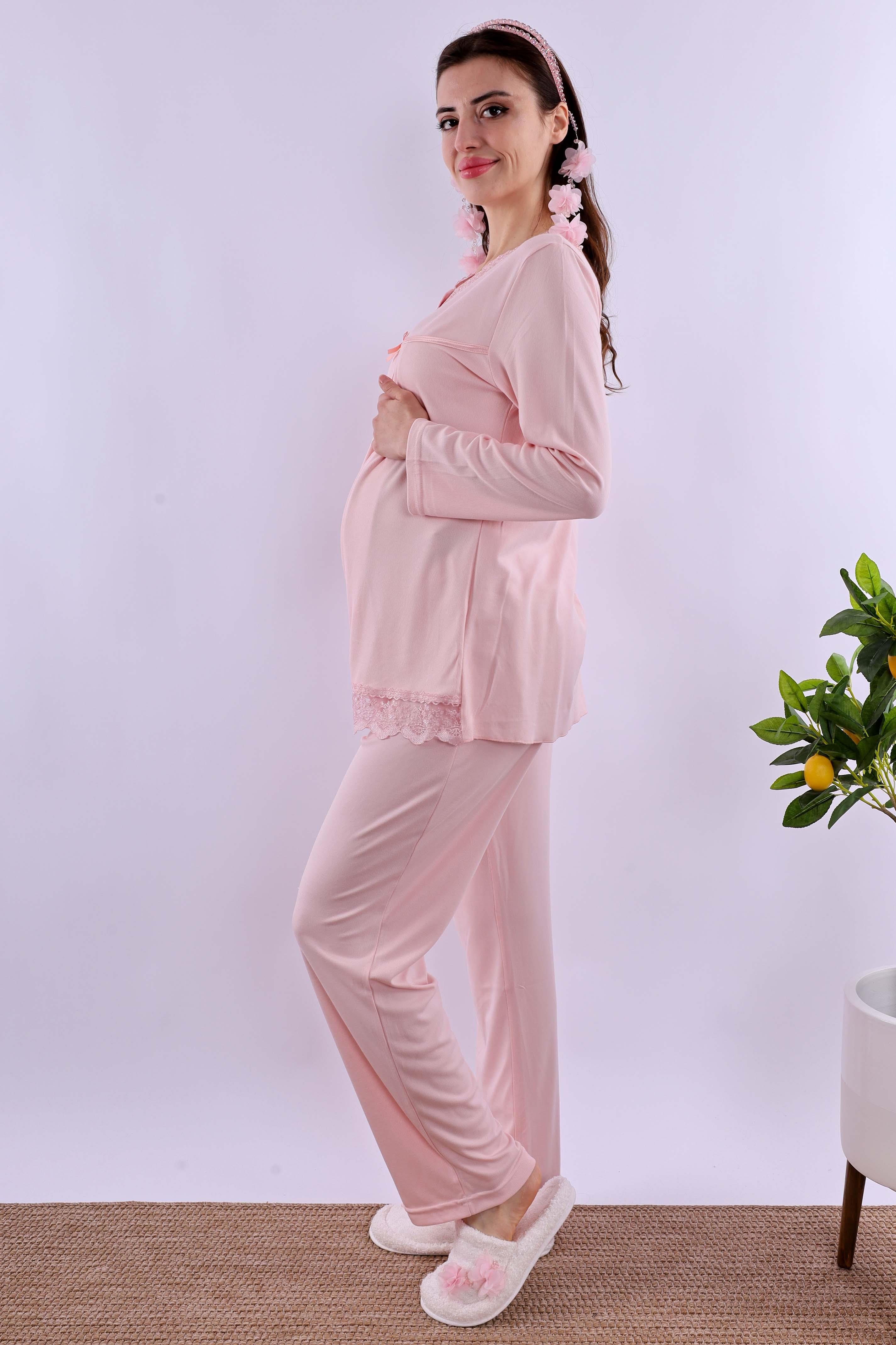 Effortt Pembe Tesettürlü Sabahlıklı Hamile Lohusa Pijama Takımı BYL2T40342