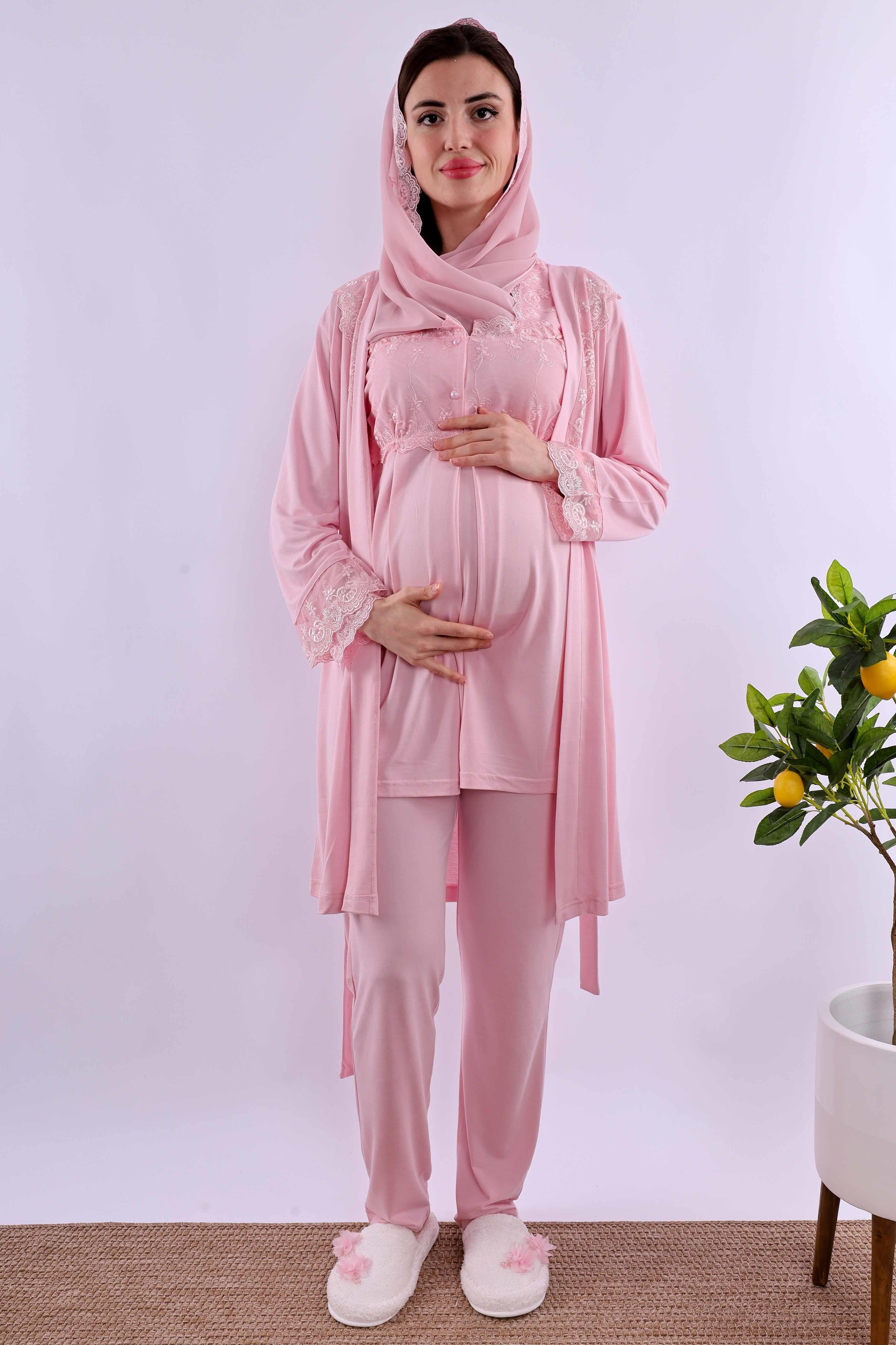 Effortt Pembe Tesettürlü Sabahlıklı Hamile Lohusa Pijama Takımı BYL2T24012