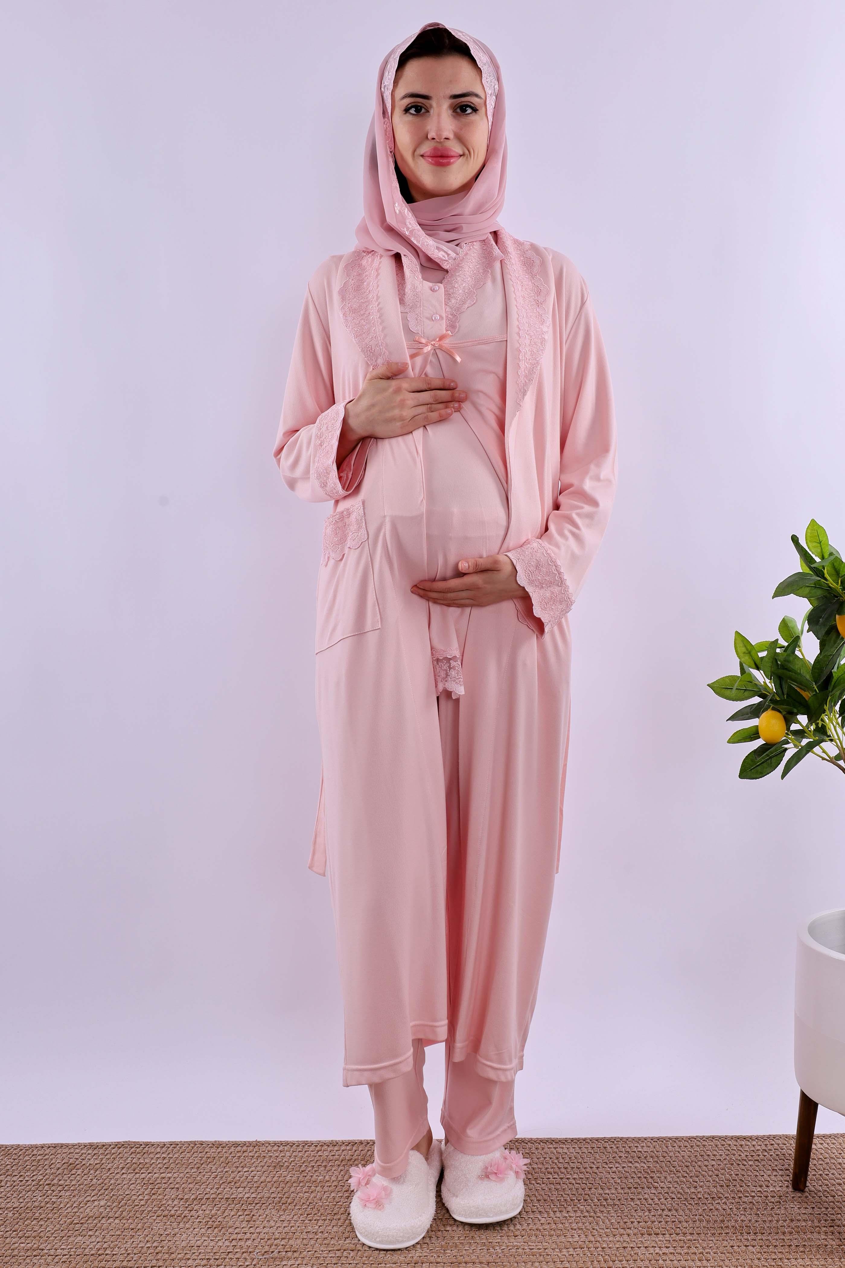Effortt Pembe Tesettürlü Sabahlıklı Hamile Lohusa Pijama Takımı BYL2T40342