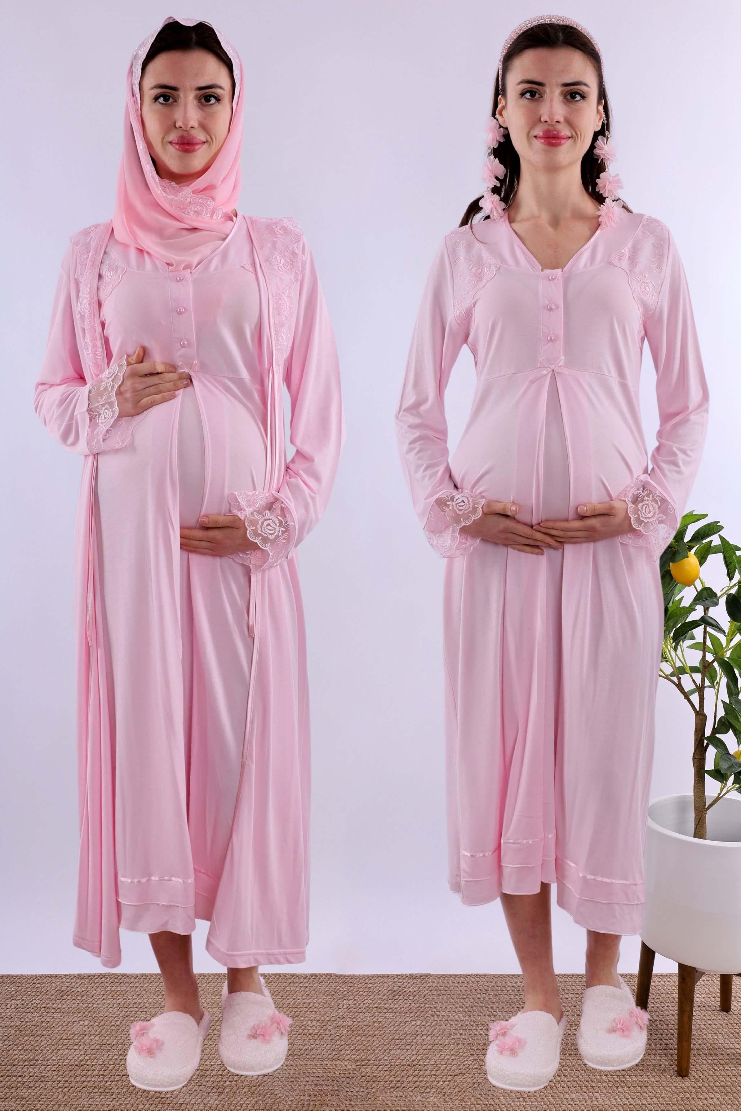 Effortt Pembe Tesettürlü Sabahlıklı Hamile Lohusa Gecelik Takım BYL2T24252