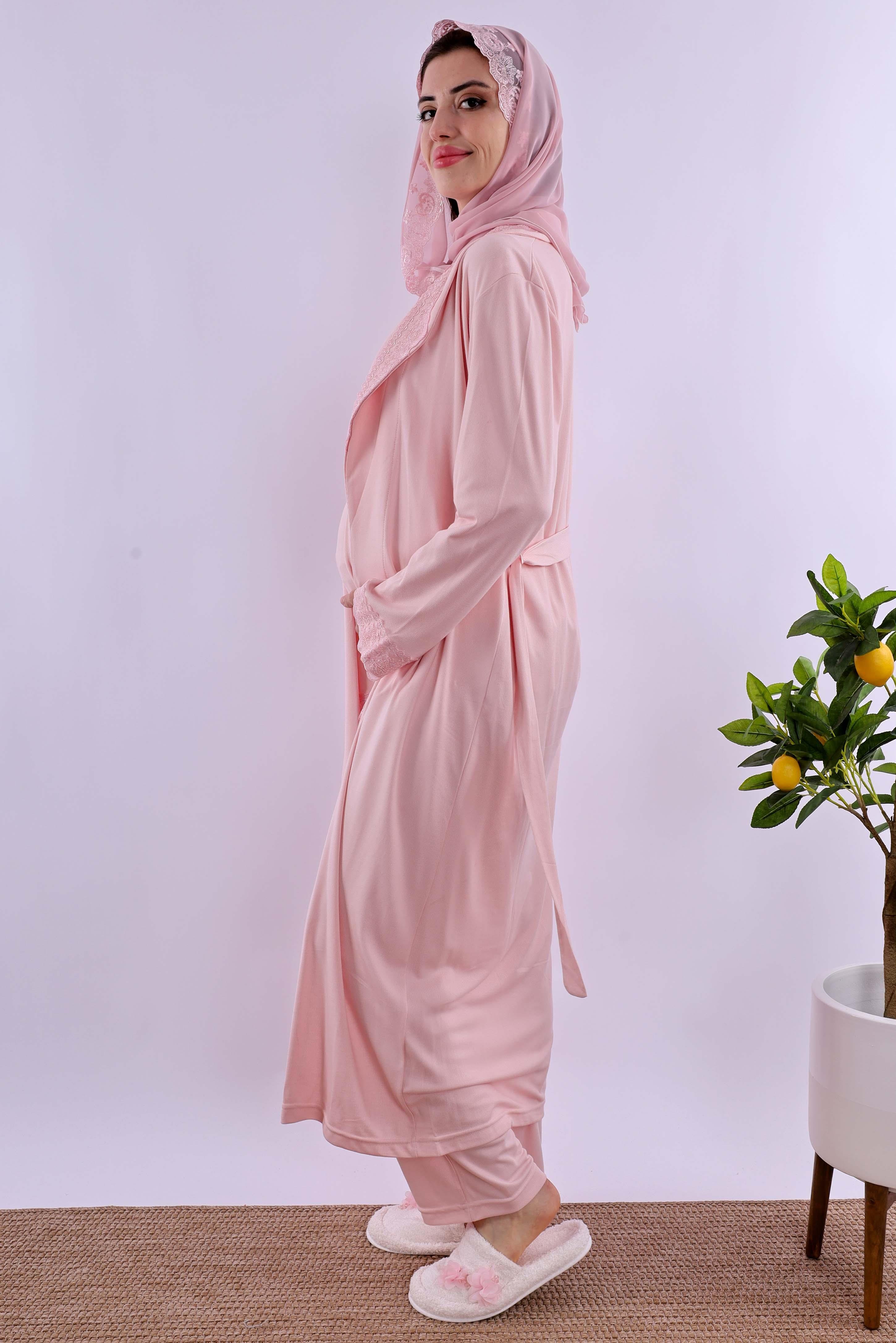 Effortt Pembe Tesettürlü Sabahlıklı Hamile Lohusa Pijama Takımı BYL2T40342