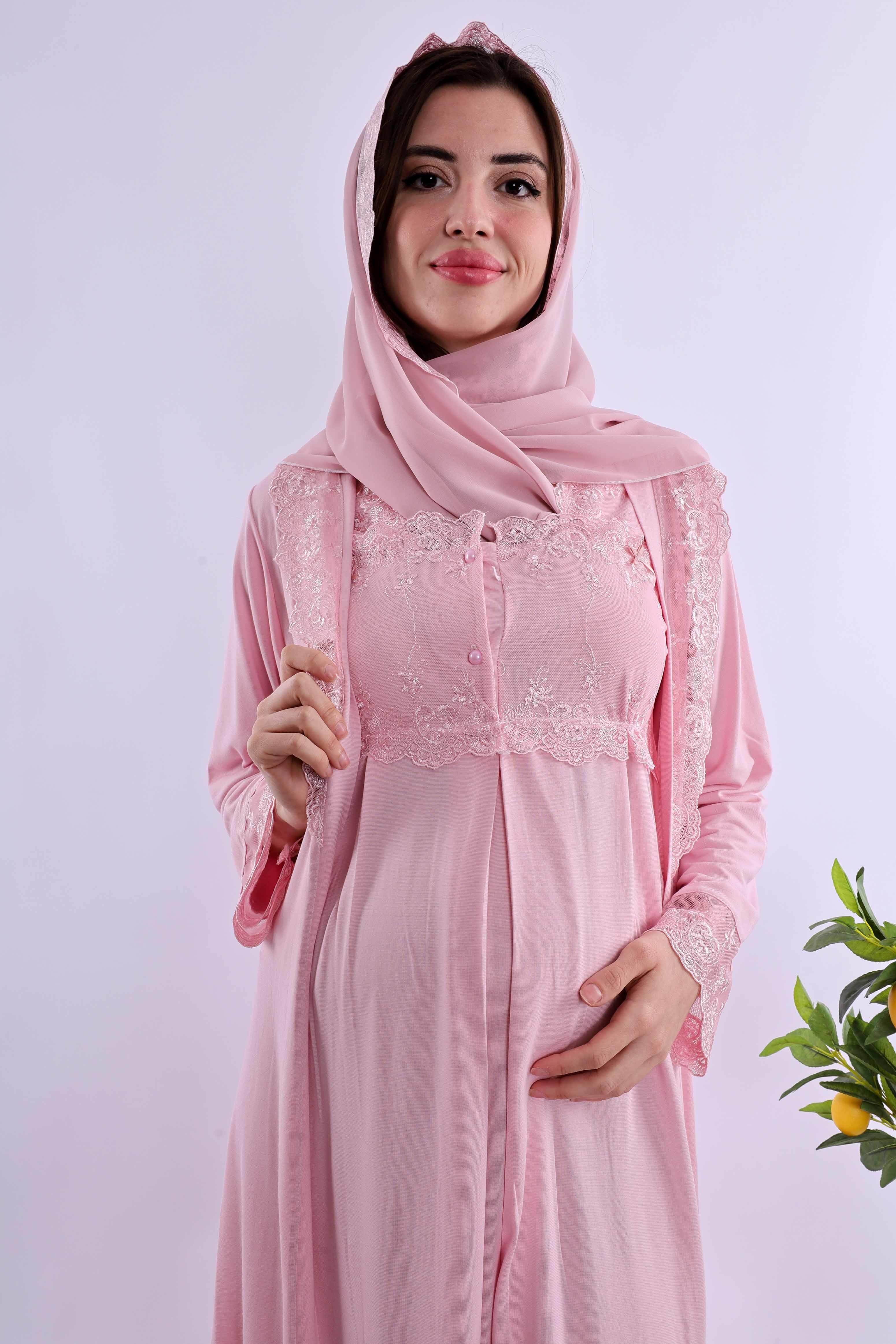 Effortt Pembe Tesettürlü Sabahlıklı Hamile Lohusa Gecelik Takım BYL2T24022