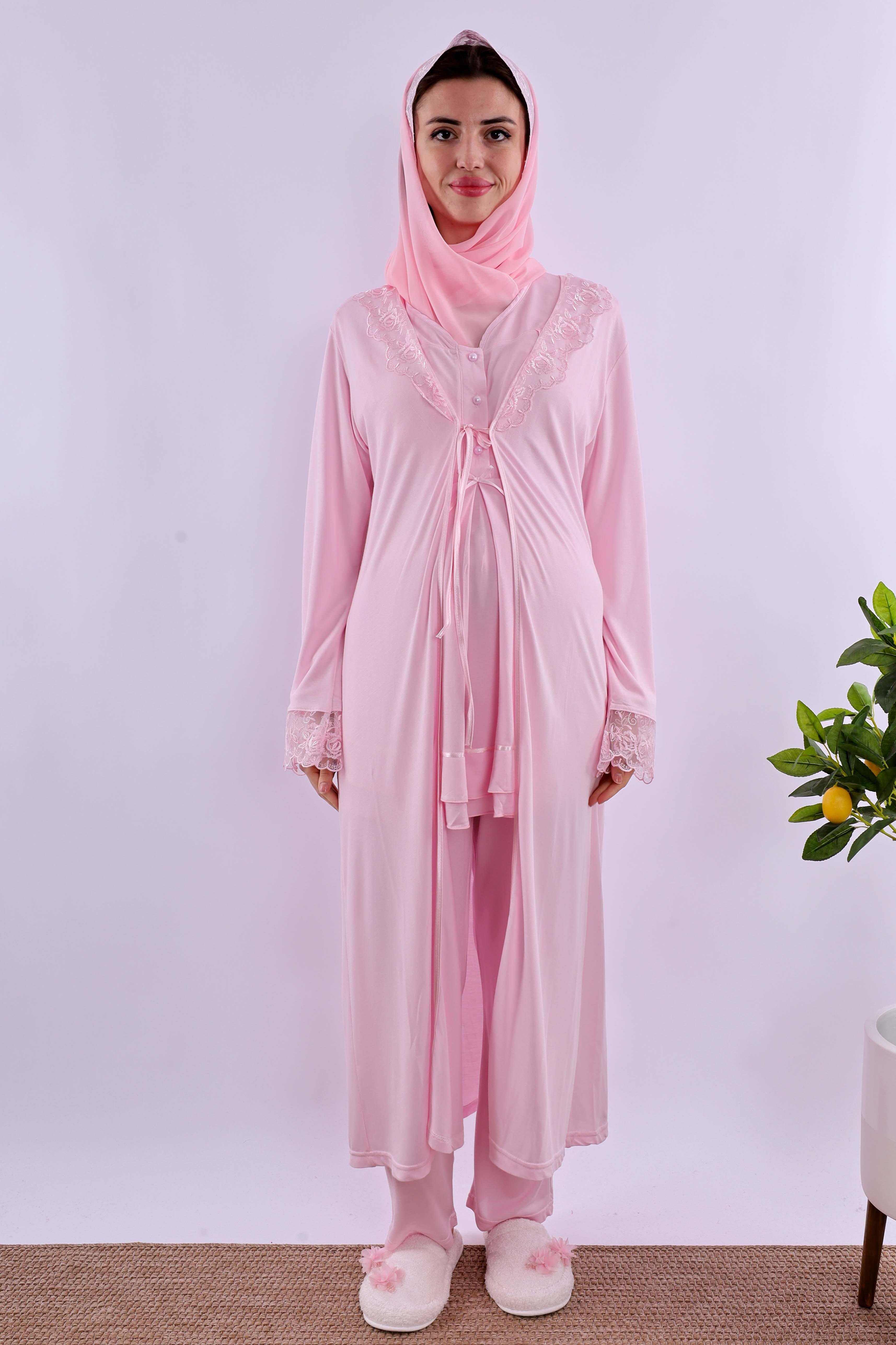 Effortt Pembe Tesettürlü Sabahlıklı Hamile Lohusa Pijama Takımı BYL2T80242