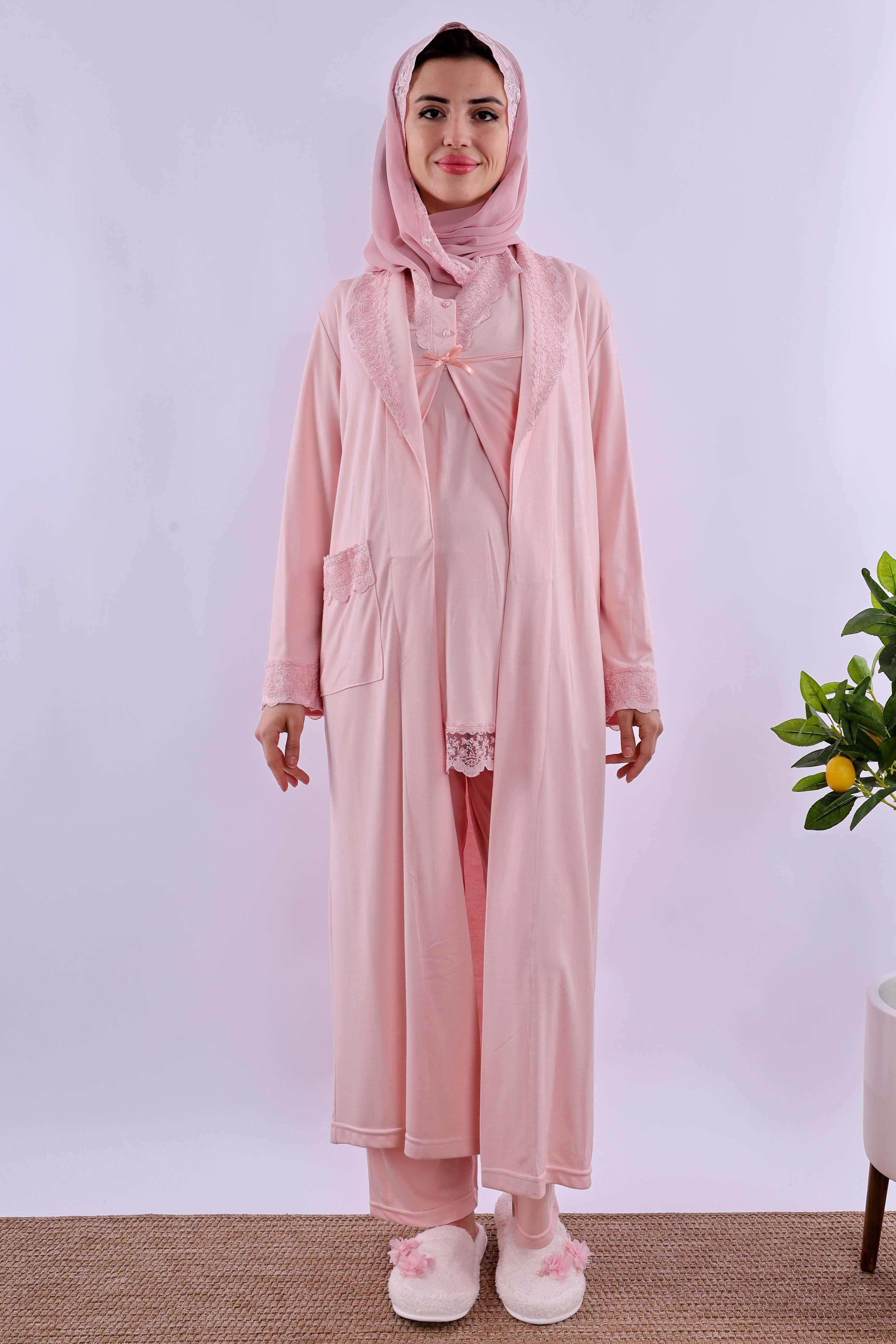 Effortt Pembe Tesettürlü Sabahlıklı Hamile Lohusa Pijama Takımı BYL2T40342