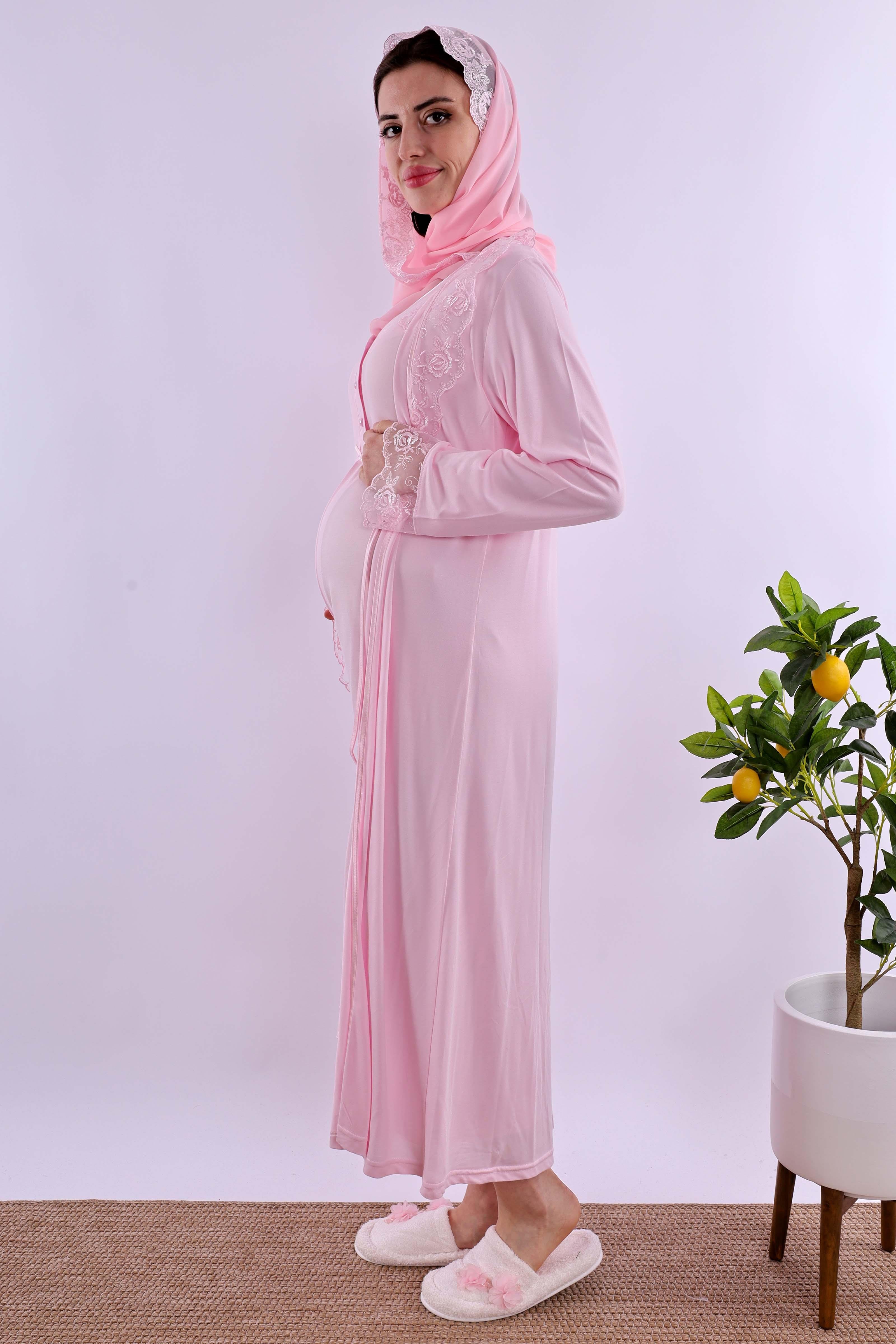 Effortt Pembe Tesettürlü Sabahlıklı Hamile Lohusa Gecelik Takım BYL2T24252