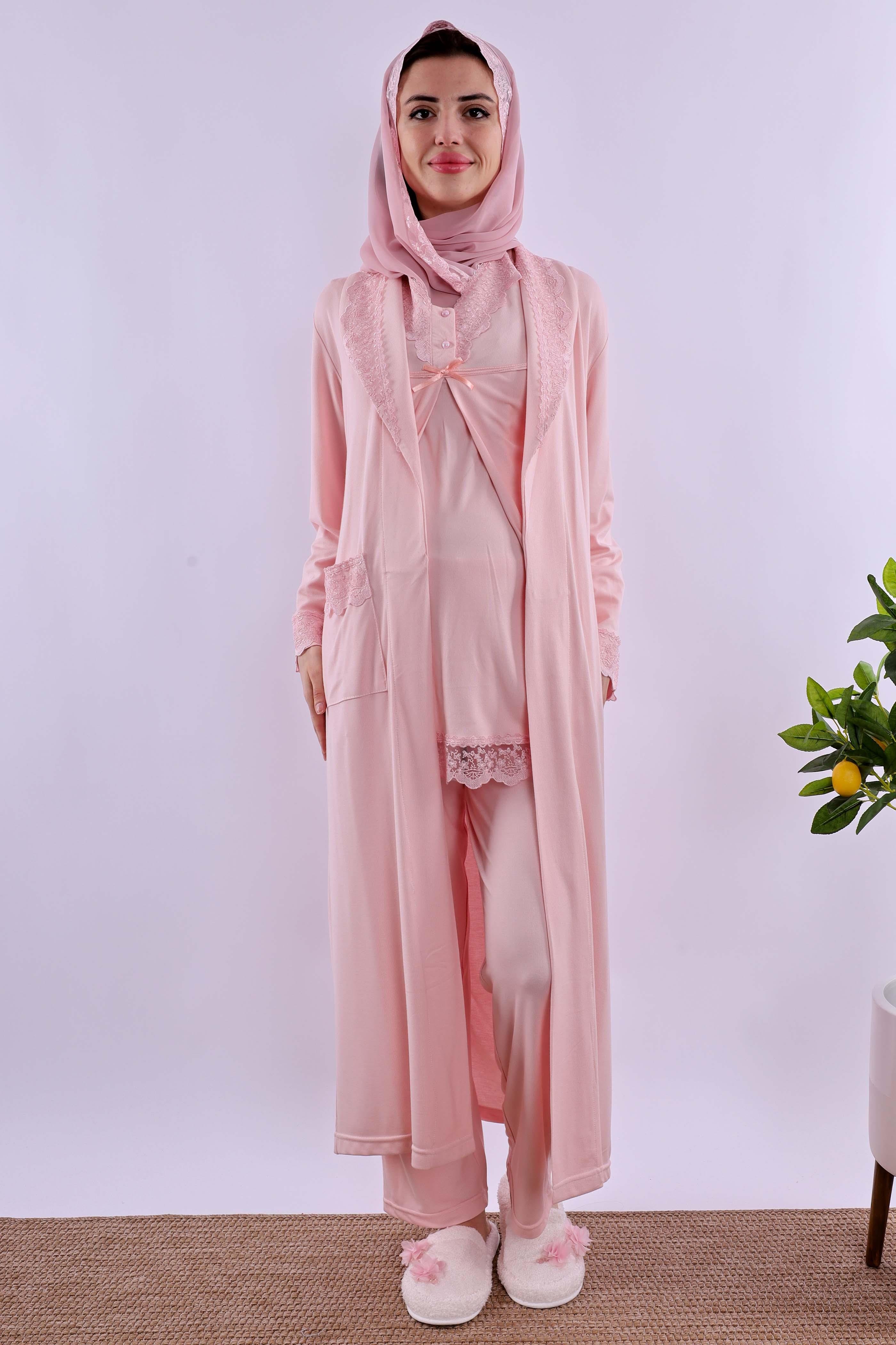 Effortt Pembe Tesettürlü Sabahlıklı Hamile Lohusa Pijama Takımı BYL2T40342