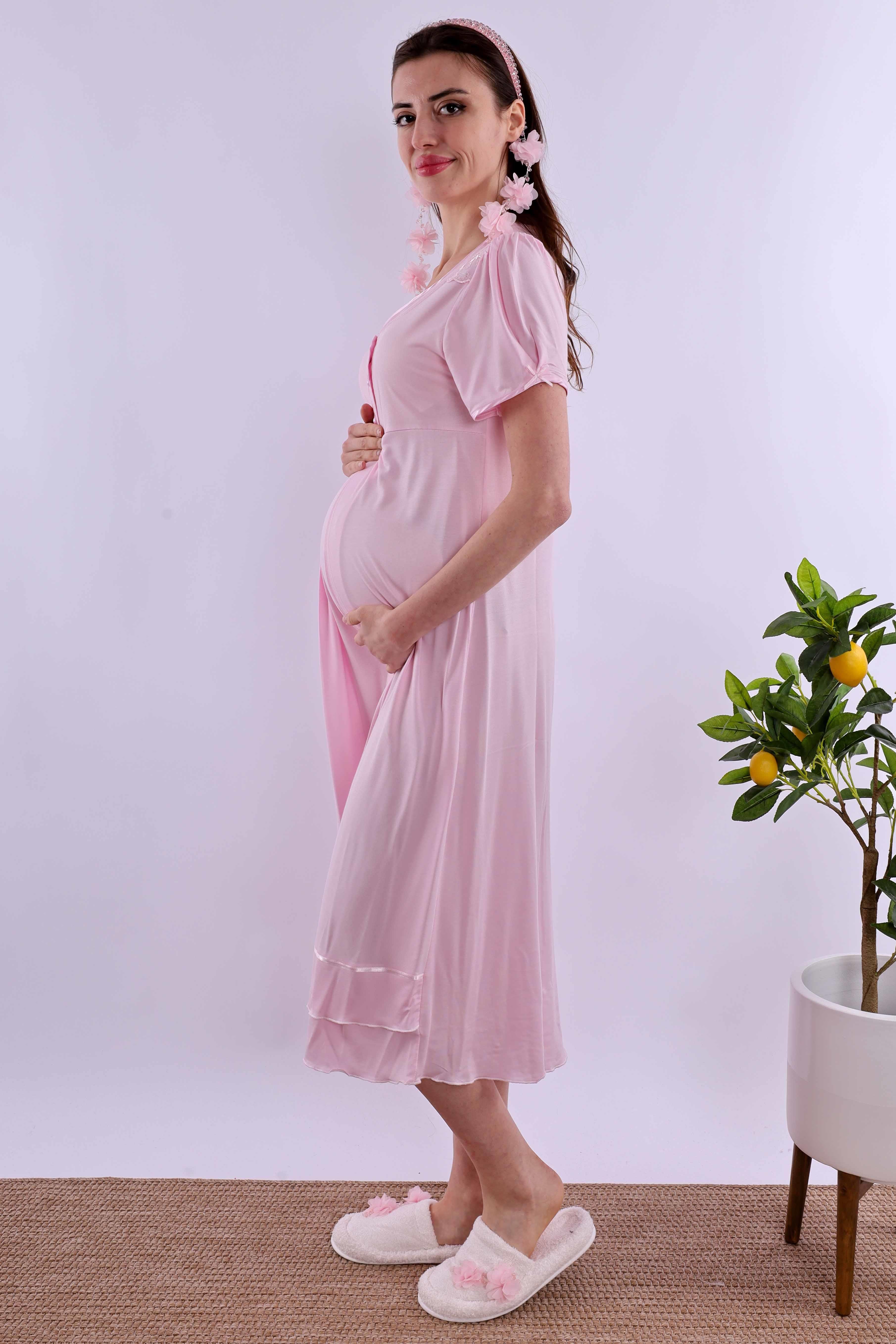 Effortt Pembe Tesettürlü Sabahlıklı Hamile Lohusa Gecelik Takım BYL2T80252