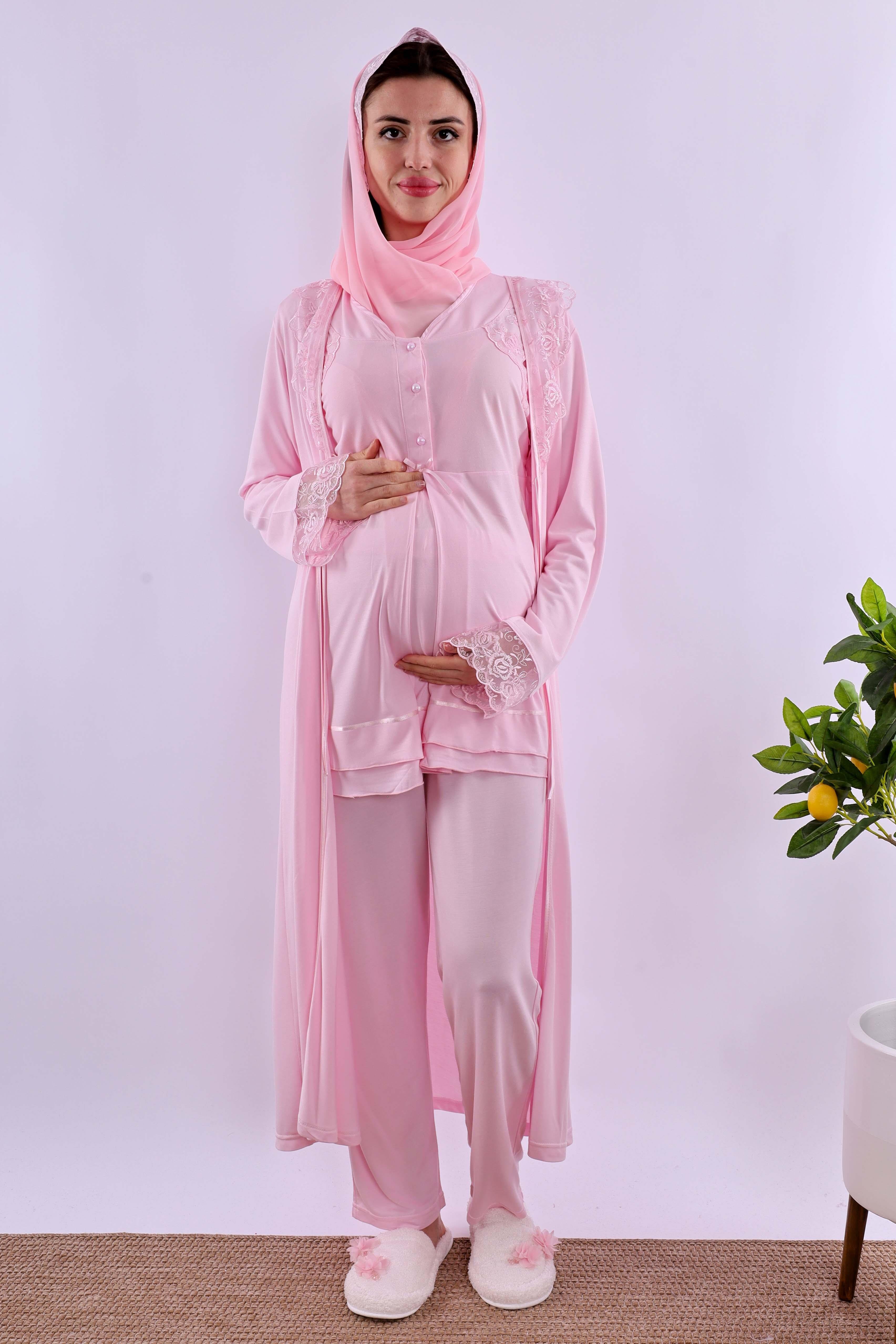 Effortt Pembe Tesettürlü Sabahlıklı Hamile Lohusa Pijama Takımı BYL2T24242
