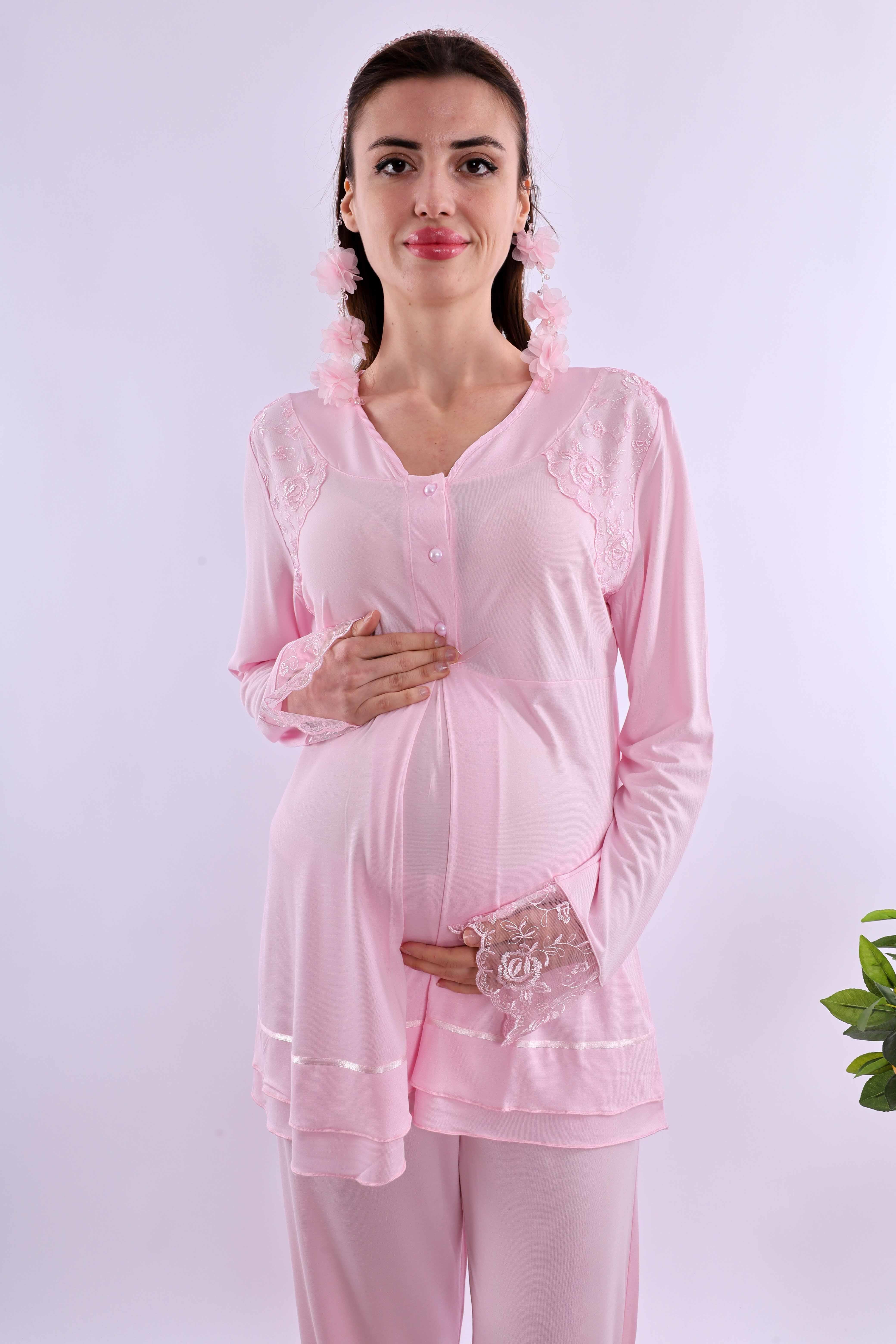 Effortt Pembe Tesettürlü Sabahlıklı Hamile Lohusa Pijama Takımı BYL2T24242