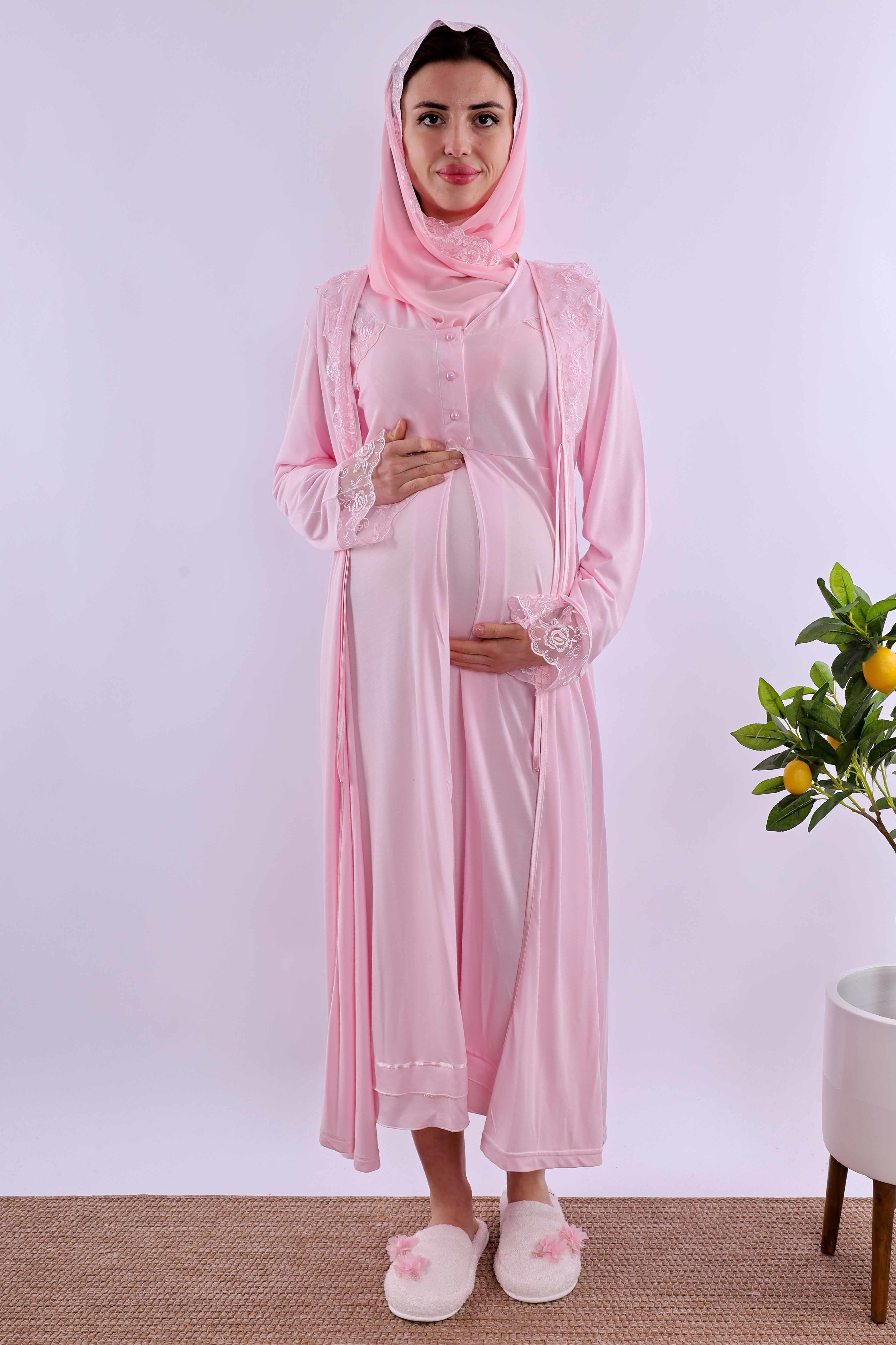 Effortt Pembe Tesettürlü Sabahlıklı Hamile Lohusa Gecelik Takım BYL2T24252