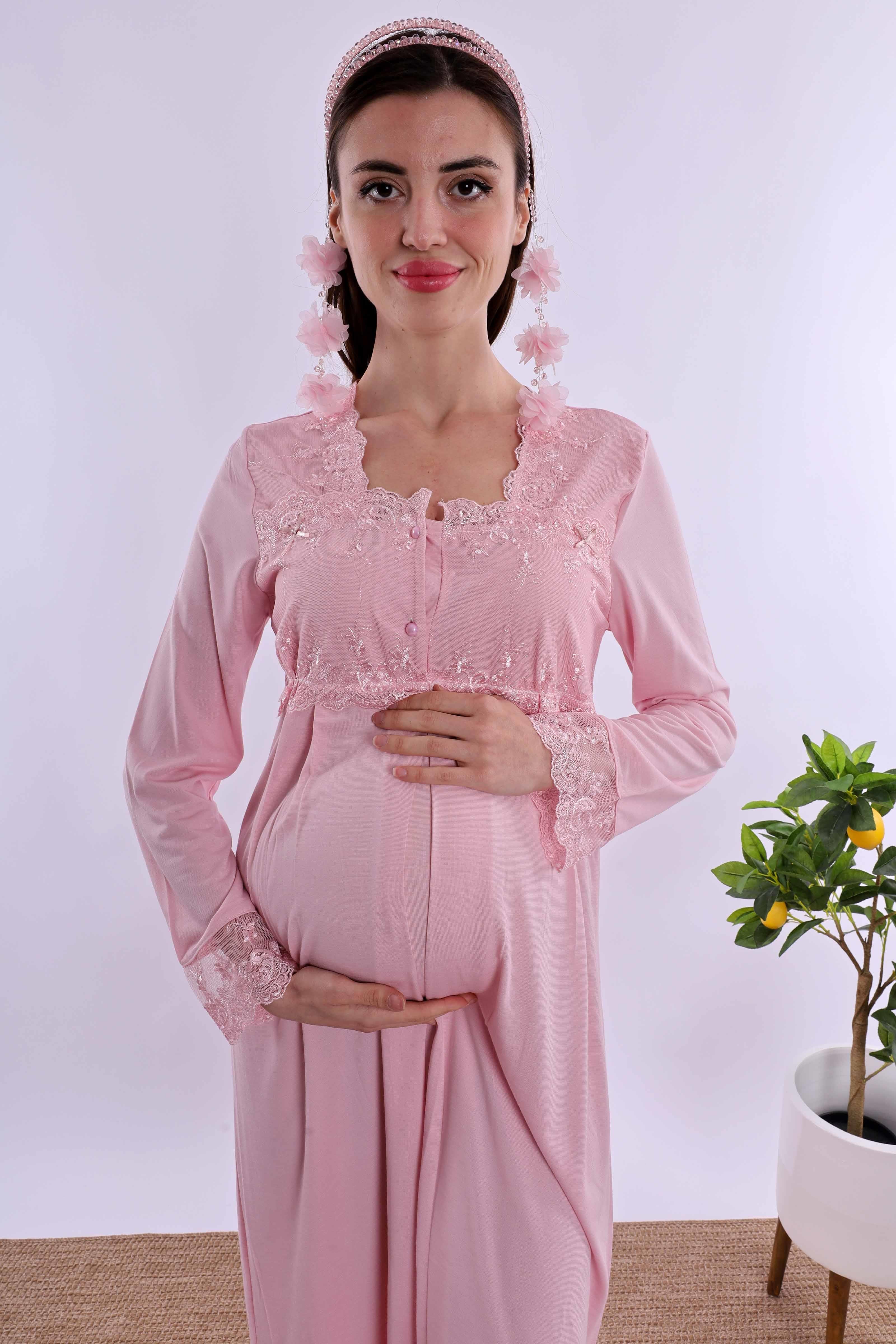 Effortt Pembe Tesettürlü Sabahlıklı Hamile Lohusa Gecelik Takım BYL2T24022
