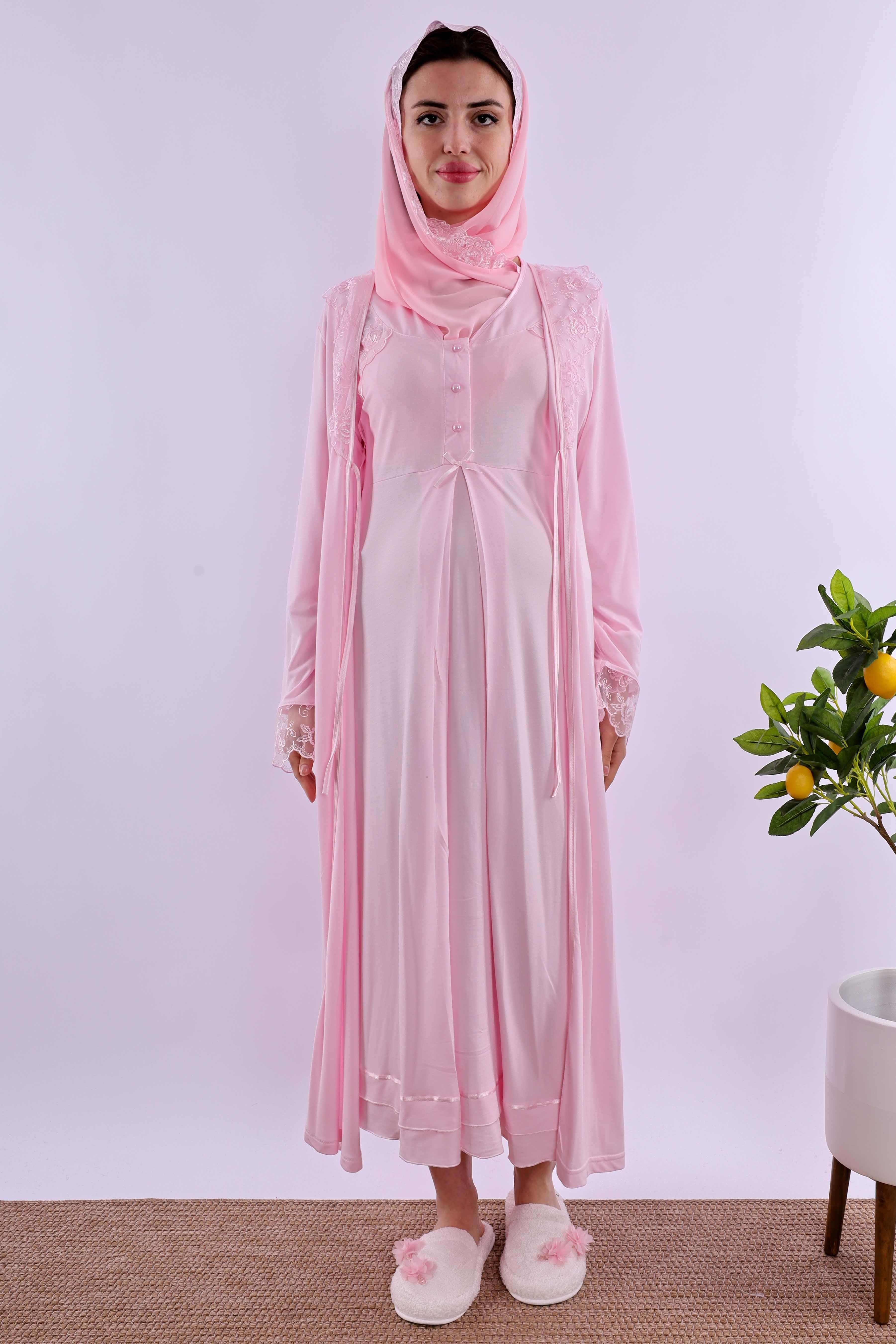 Effortt Pembe Tesettürlü Sabahlıklı Hamile Lohusa Gecelik Takım BYL2T80252
