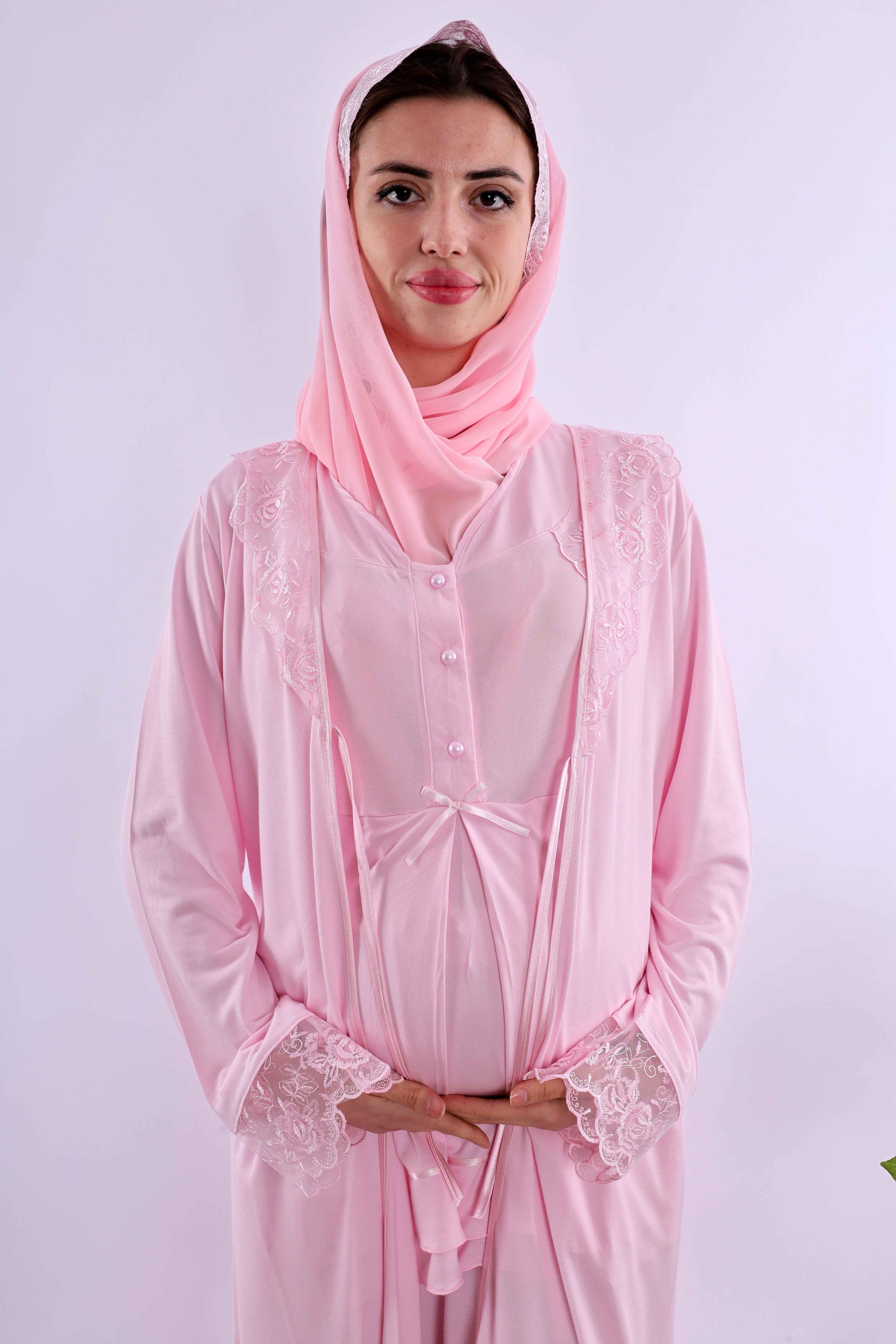 Effortt Pembe Tesettürlü Sabahlıklı Hamile Lohusa Pijama Takımı BYL2T24242