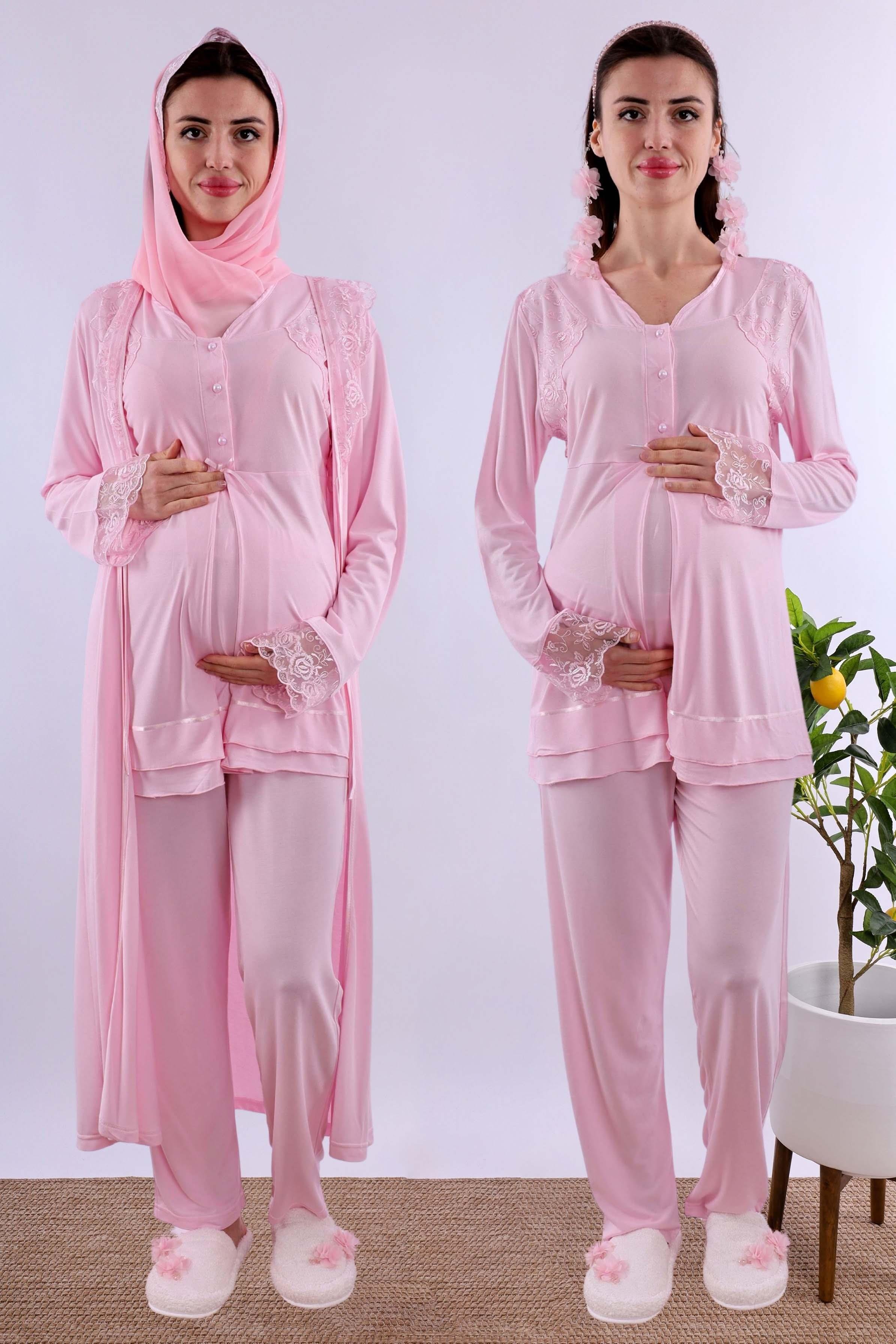 Effortt Pembe Tesettürlü Sabahlıklı Hamile Lohusa Pijama Takımı BYL2T24242