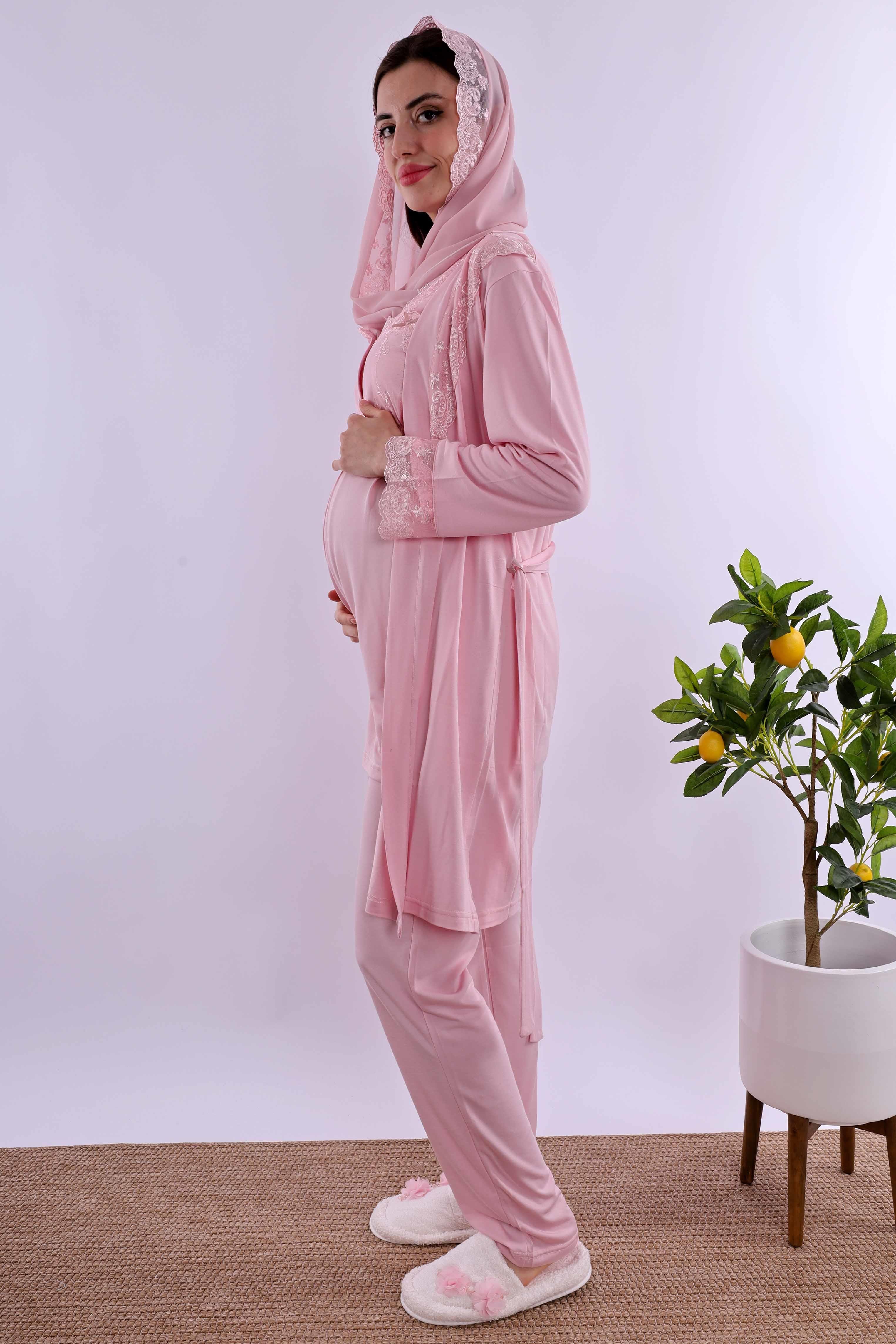 Effortt Pembe Tesettürlü Sabahlıklı Hamile Lohusa Pijama Takımı BYL2T24012
