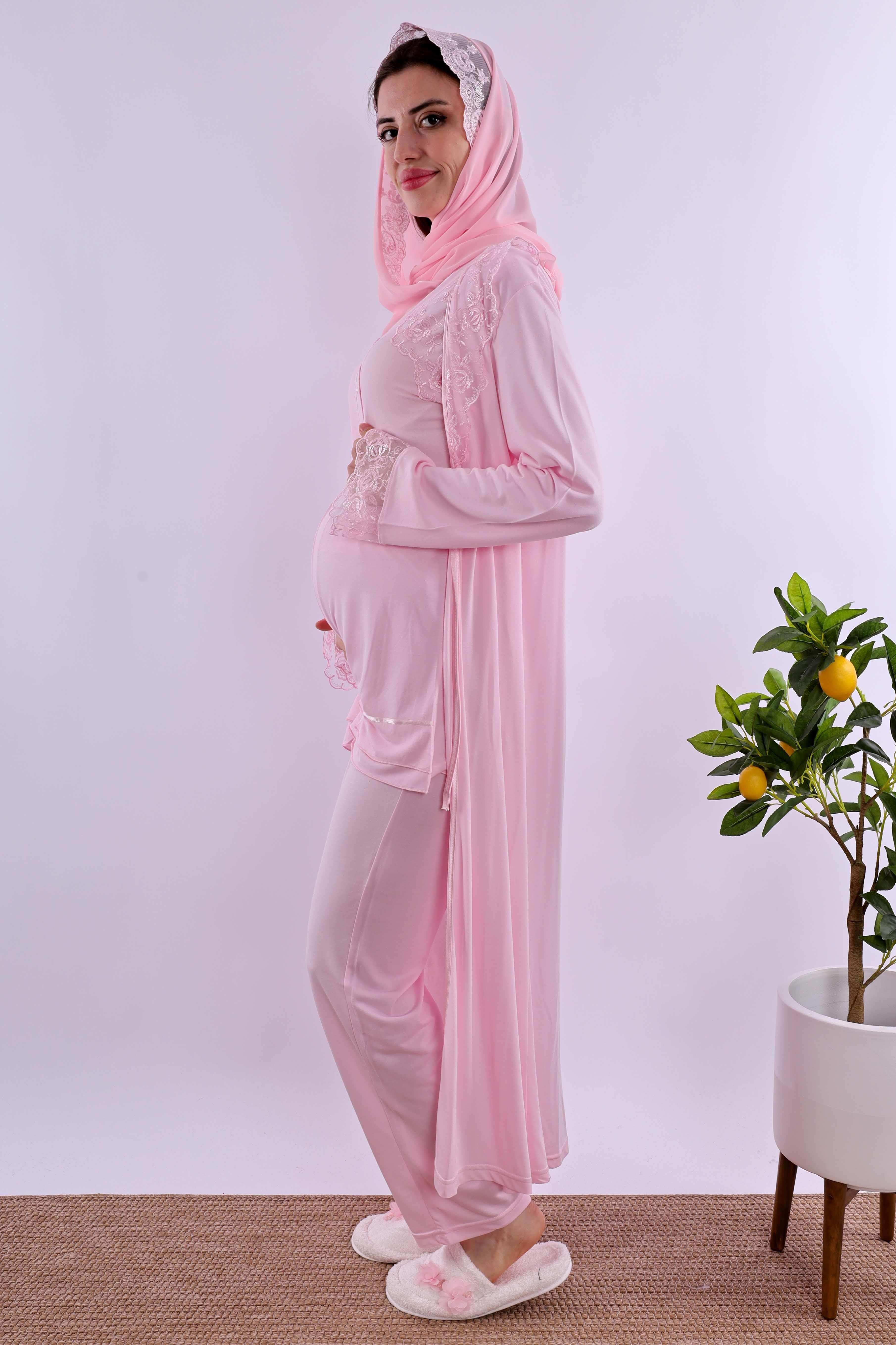 Effortt Pembe Tesettürlü Sabahlıklı Hamile Lohusa Pijama Takımı BYL2T24242