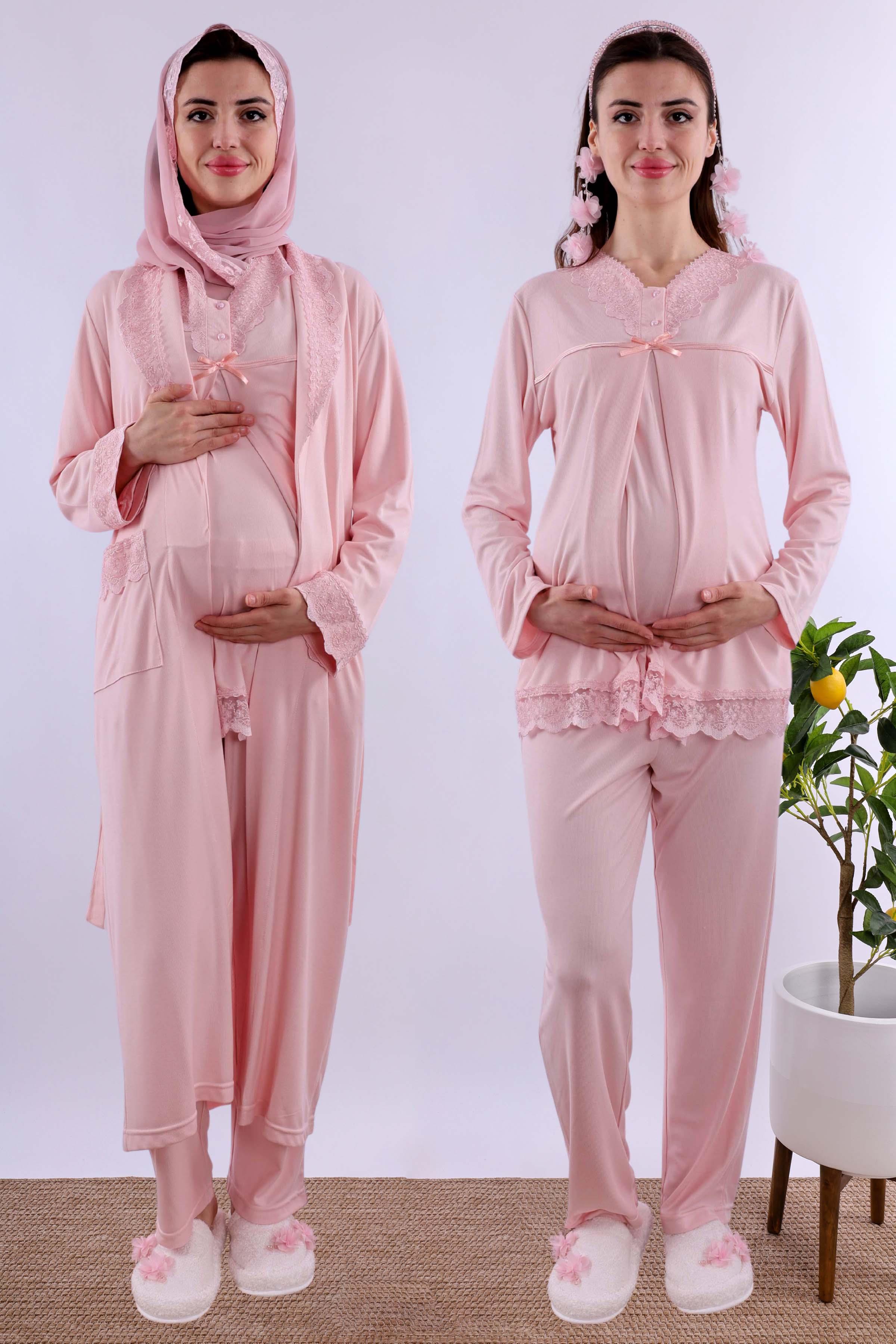 Effortt Pembe Tesettürlü Sabahlıklı Hamile Lohusa Pijama Takımı BYL2T40342