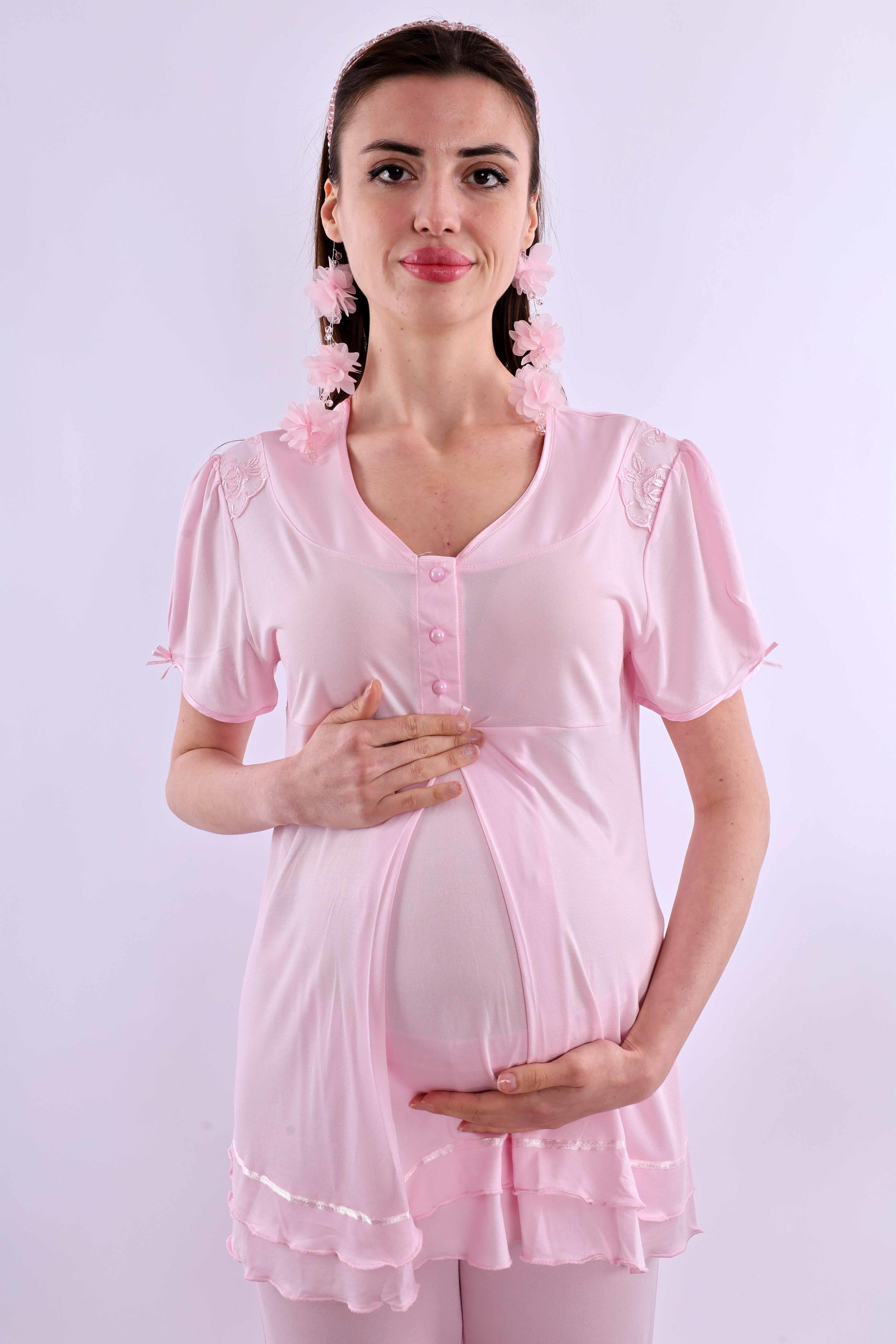 Effortt Pembe Tesettürlü Sabahlıklı Hamile Lohusa Pijama Takımı BYL2T80242